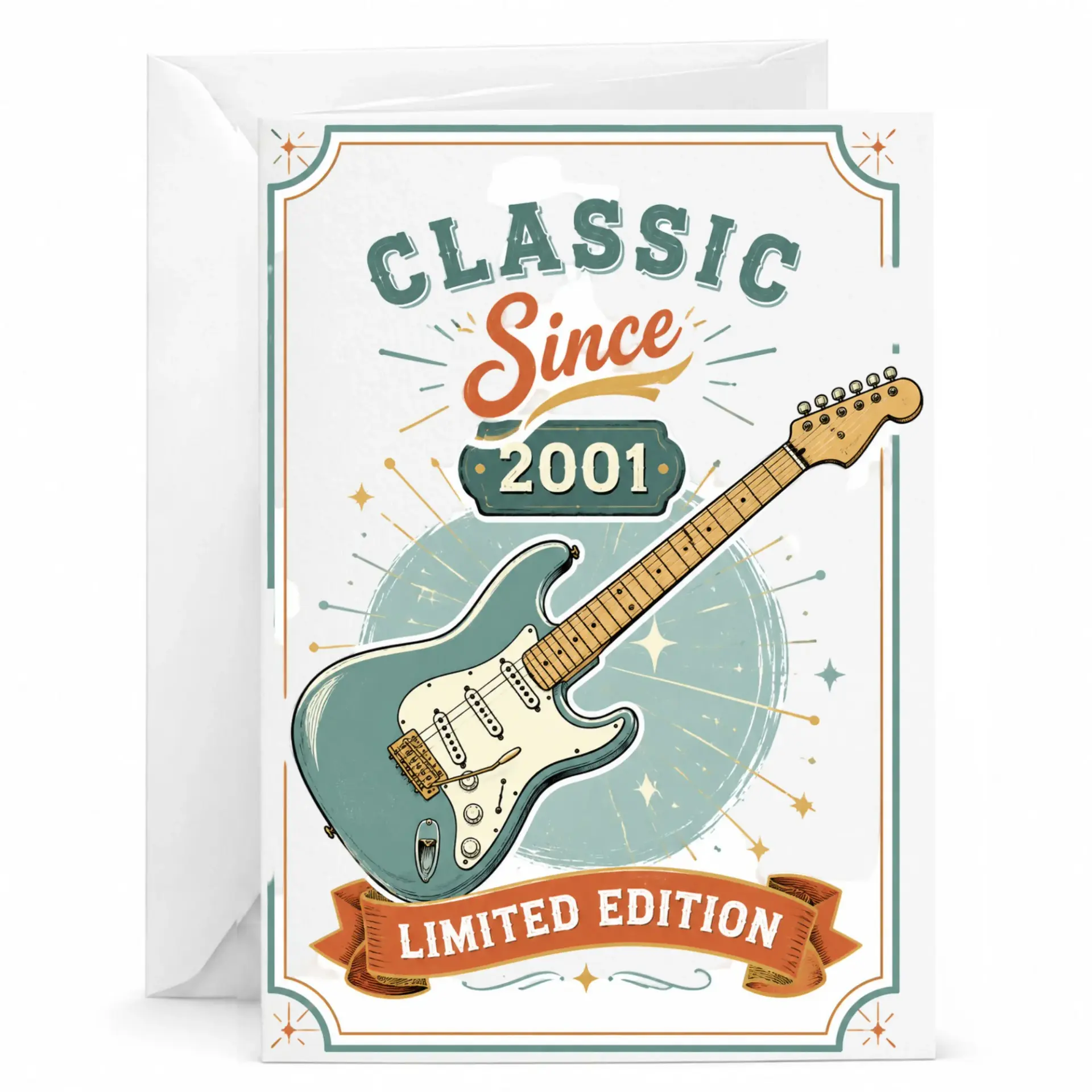 Birthday Card Classic Since 2001 Vintage Guitar Design Greeting Card for Musicians and Music Lovers 5x7 Inches