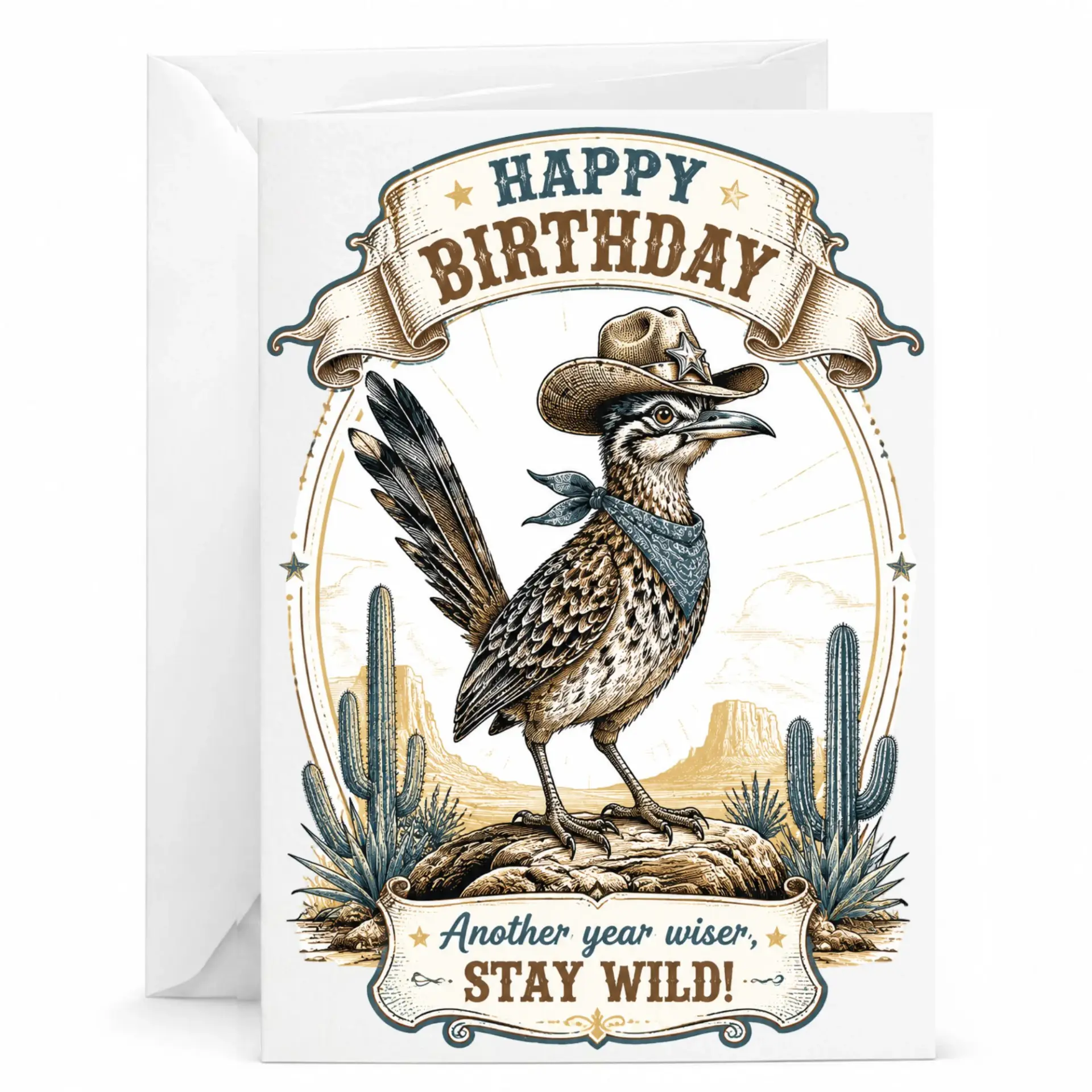 Birthday Card Featuring Roadrunner Illustration Funny Greeting with Matching White Envelope