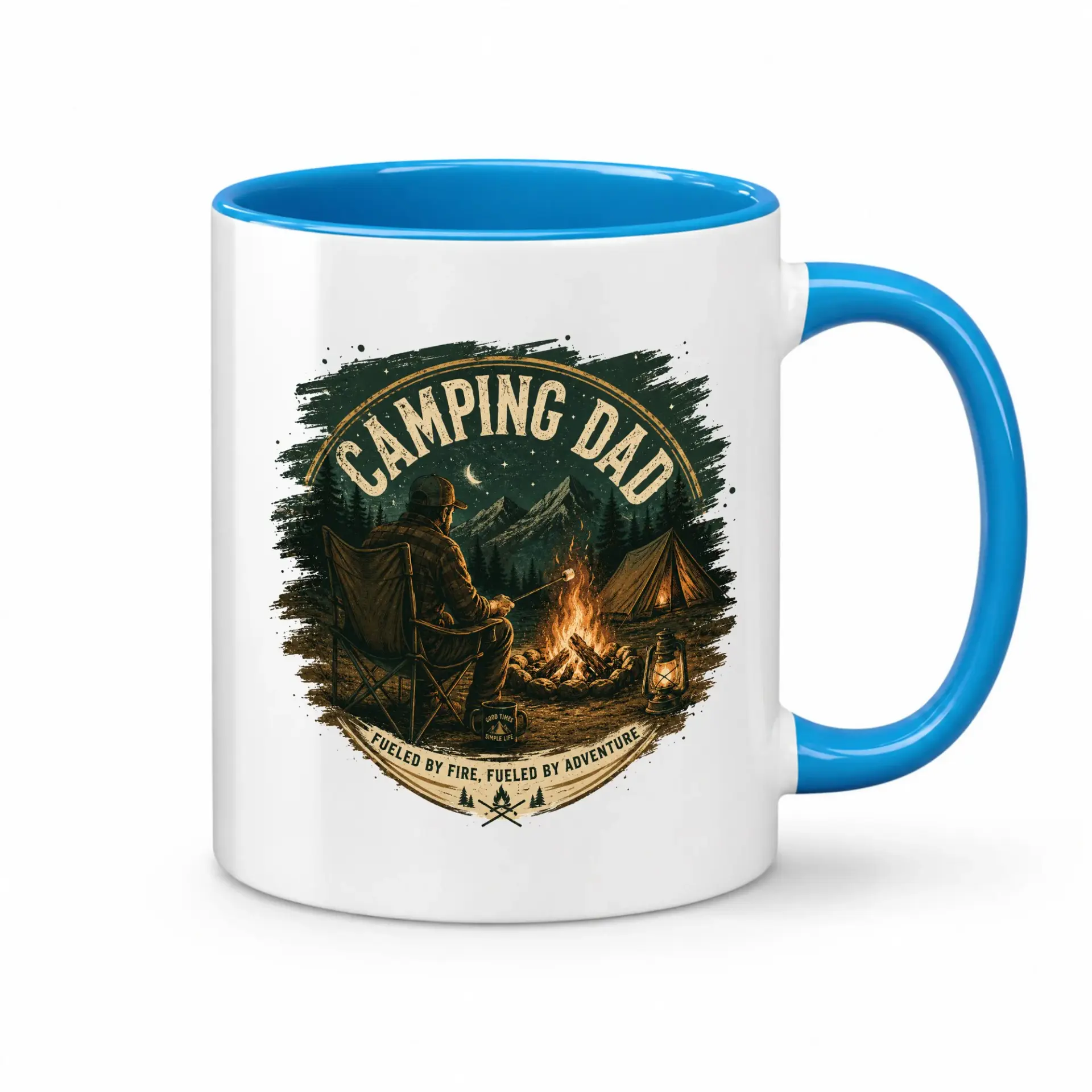 Outdoor Adventure Coffee Mug Featuring Camping Dad Design with Campfire Illustration for Enthusiasts of Wilderness Travel