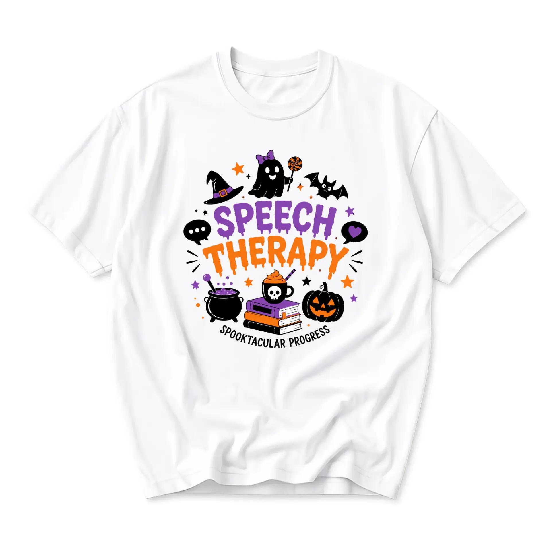 Graphic Tee Speech Therapy Spooktacular Progress Halloween Unisex Crew Neck Shirt Casual Short Sleeve Apparel Top