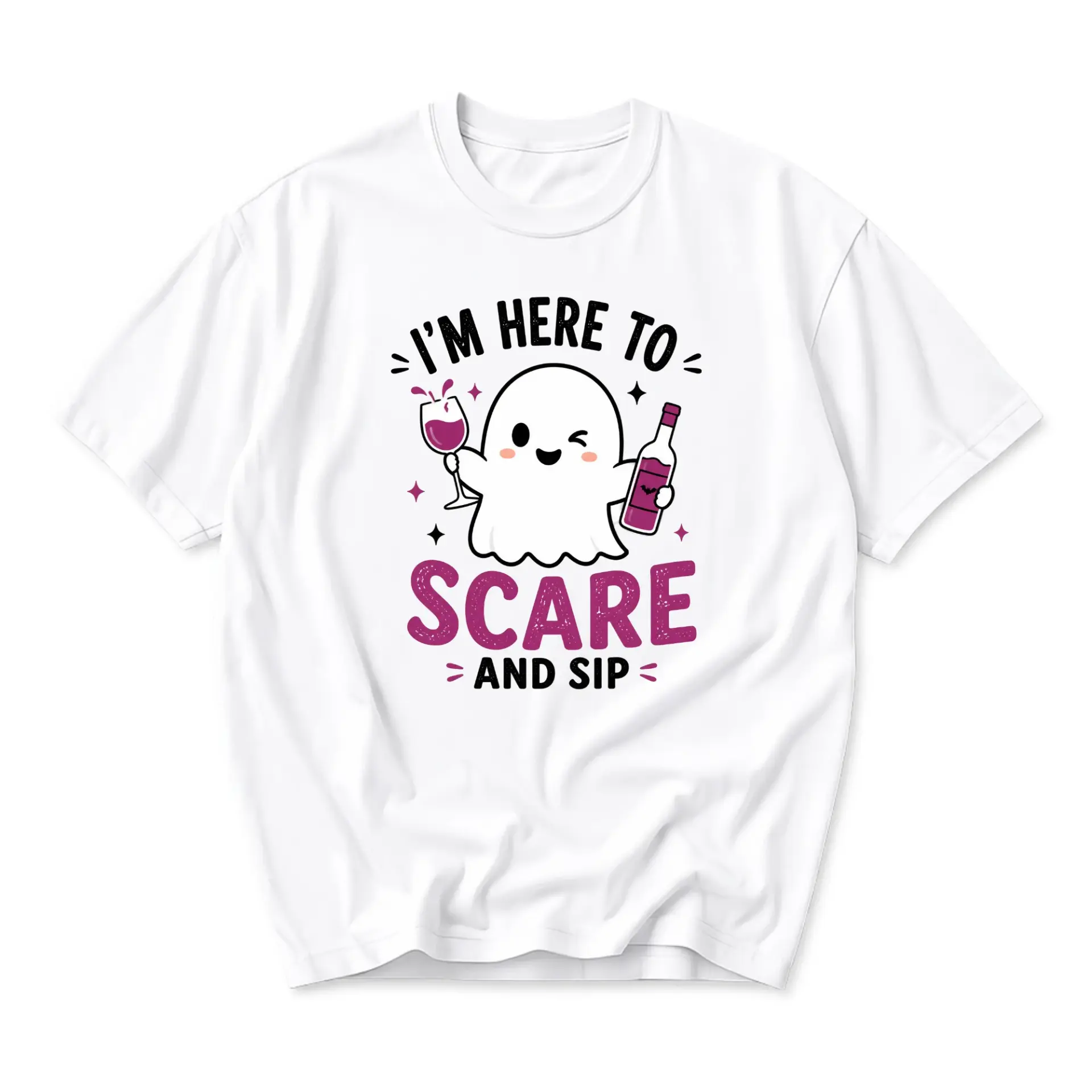 Funny Shirt I'm Here to Scare and Sip Graphic Tee Cute Ghost Drinking Wine Illustration Unisex Casual Crew Neck Top