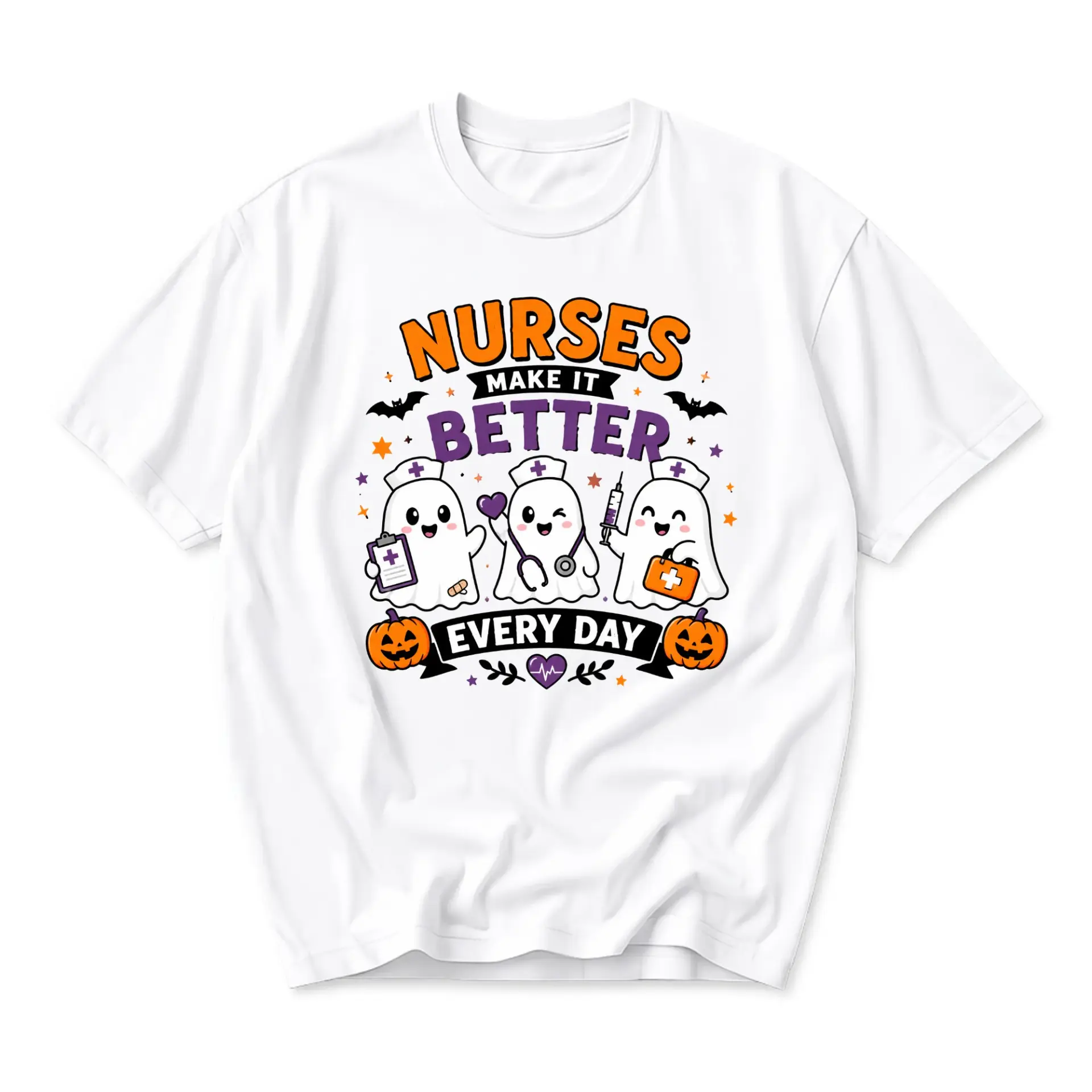 Graphic Tee Nurses Make It Better Every Day Spooky Ghost Design Unisex Casual Cotton Crew Neck Short Sleeve Shirt