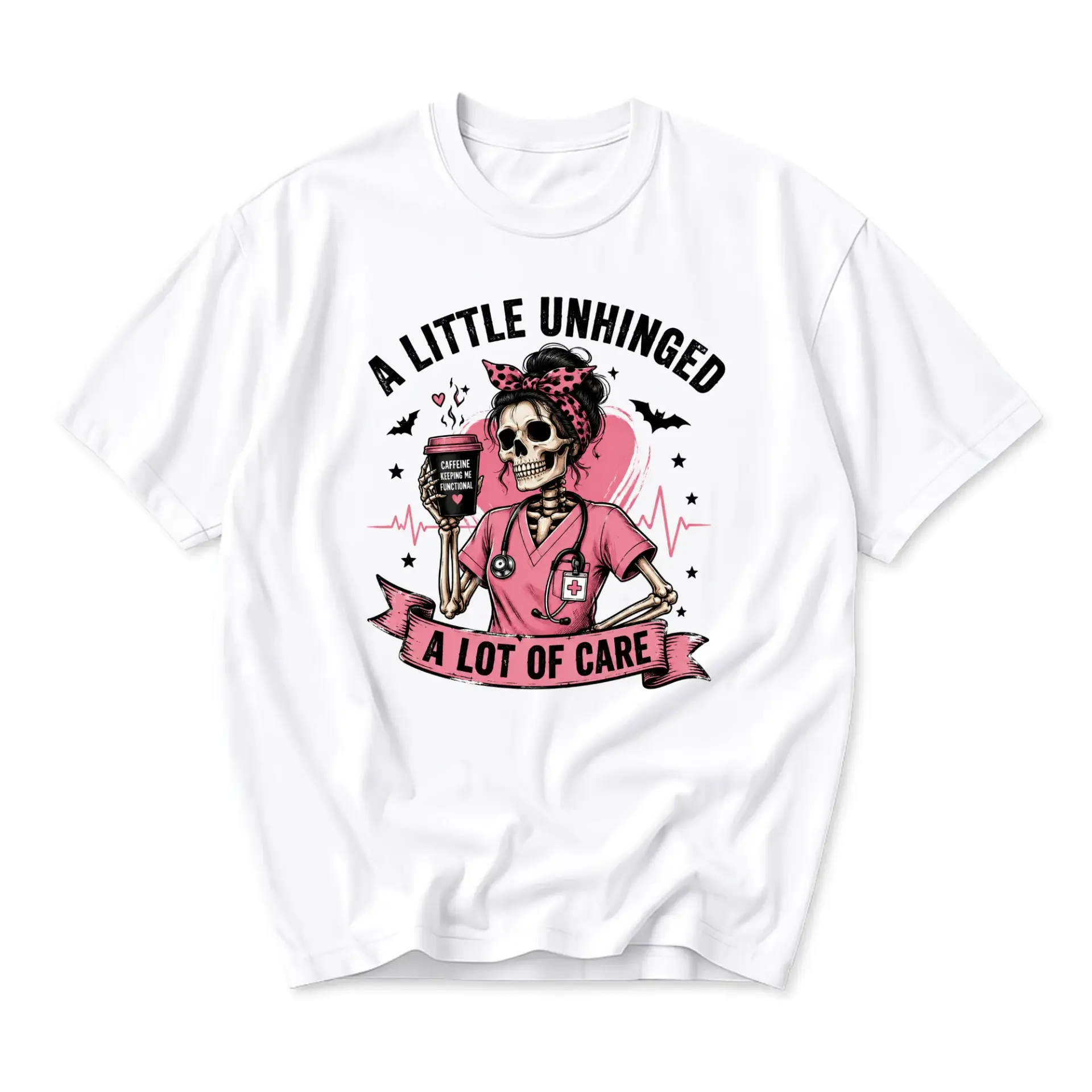Funny Shirt a Little Unhinged a Lot of Care Skeleton Nurse Graphic Tee Unisex Cotton Blend Casual Crew Neck Top