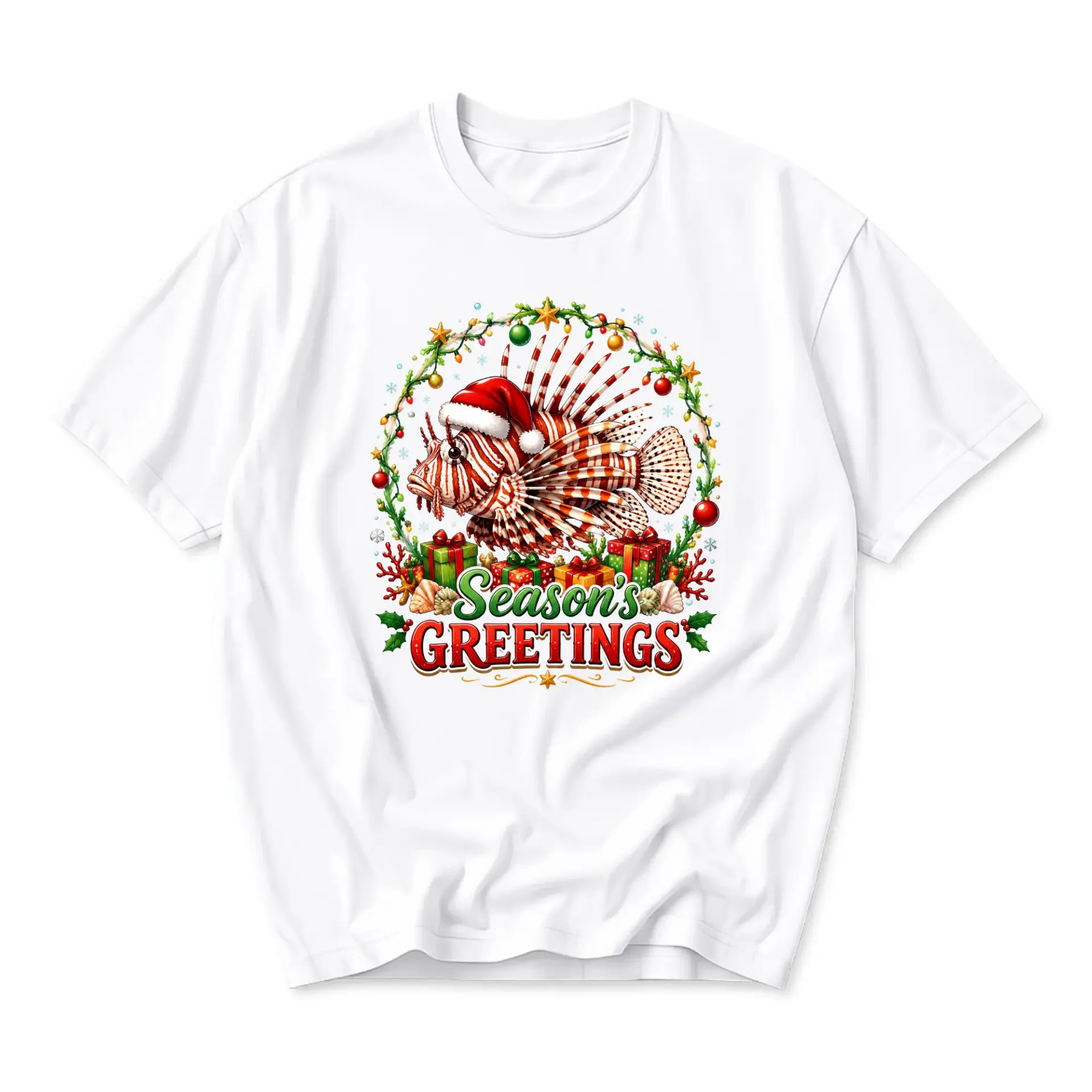 Graphic Tee Season Greetings Lionfish Holiday Unisex Crew Neck T-Shirt Short Sleeve Casual Comfortable Cotton Apparel