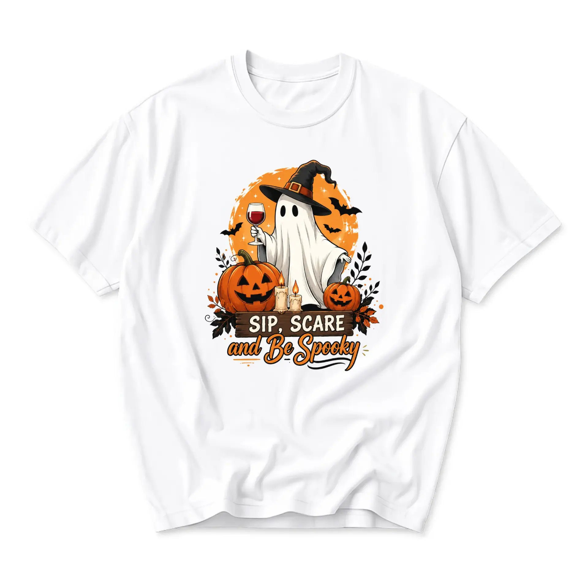 Funny Shirt Sip Scare and Be Spooky Ghost Halloween Graphic Tee Unisex Crew Neck Short Sleeve Cotton Casual Apparel