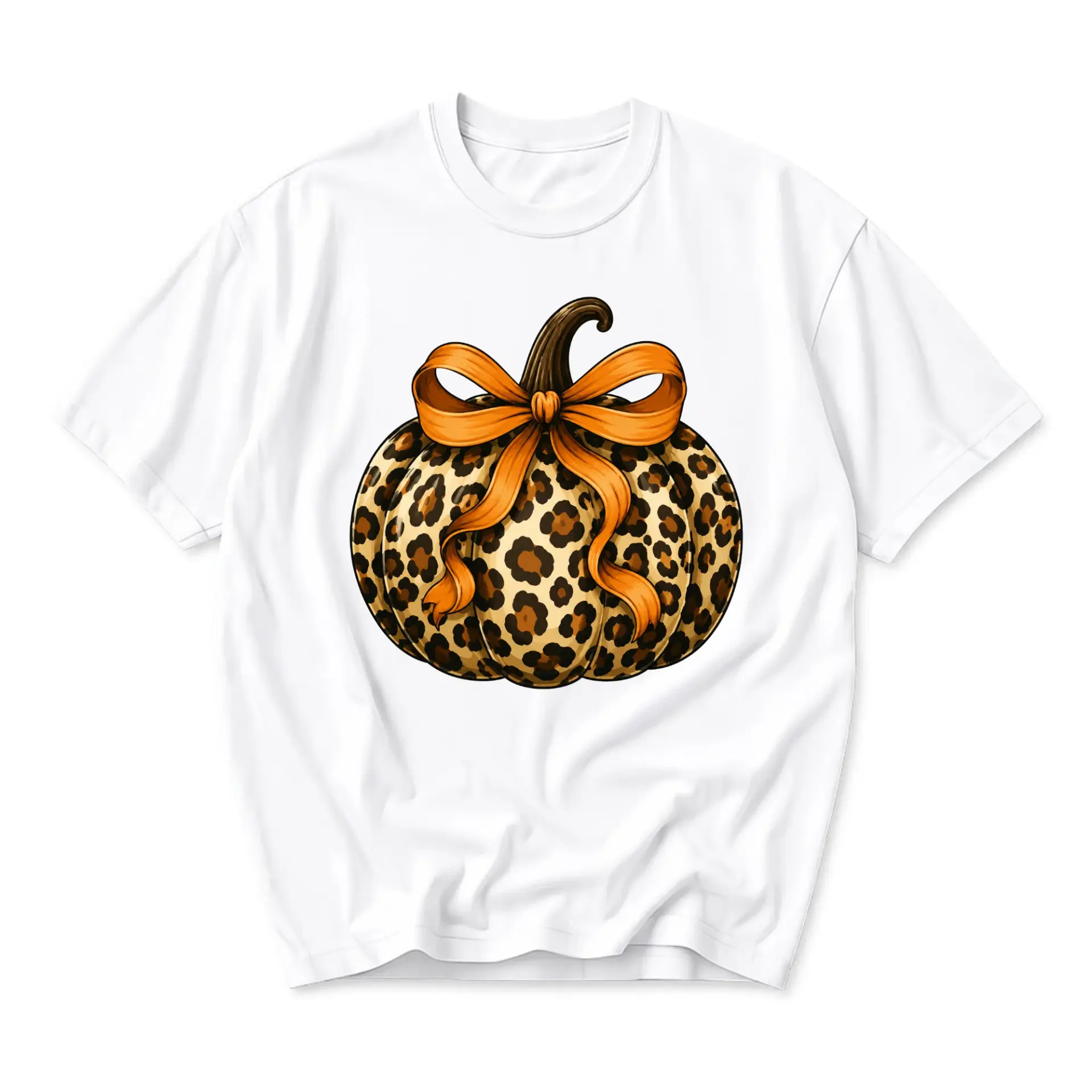 Graphic Tee Leopard Print Pumpkin with Orange Bow Fall Season Unisex Casual Short Sleeve Crew Neck Cotton Shirt