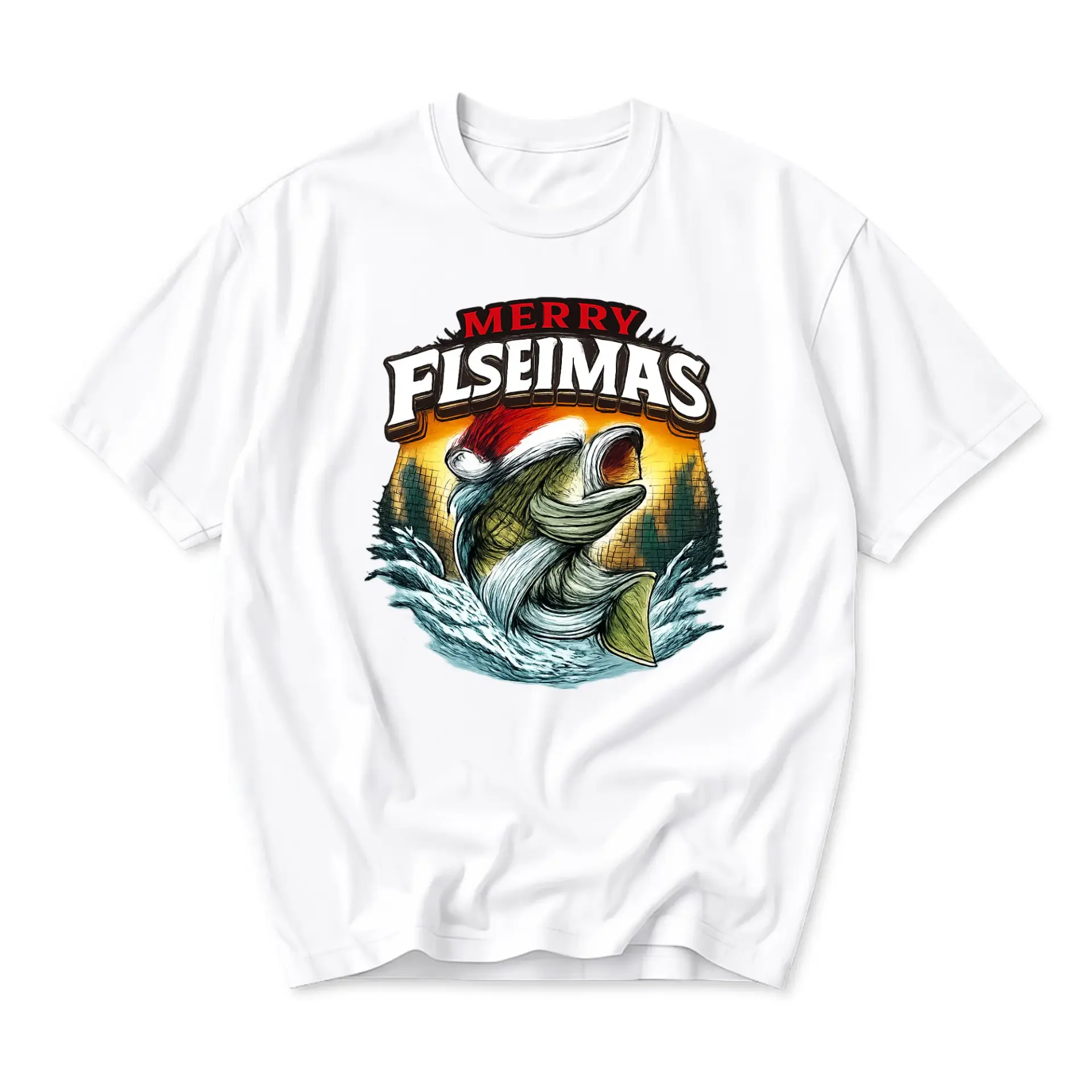 Funny Shirt Merry Flseimas Fishing Graphic Tee Holiday Novelty Gift Crew Neck Unisex Cotton Blend Casual Top