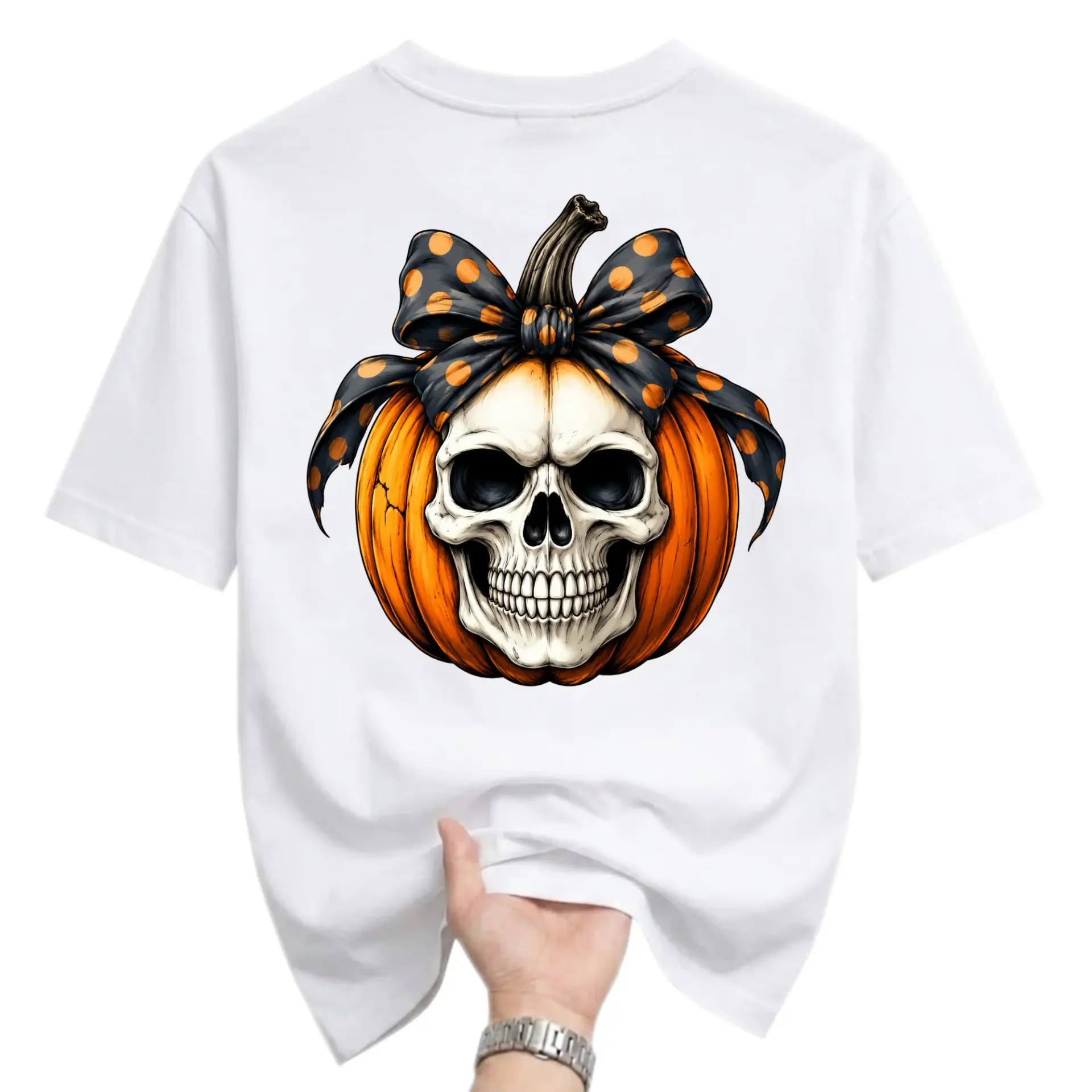 Graphic Tee Pumpkin Skull T-Shirt Featuring a Spooky Decorative Bow Design Unisex Casual Crew Neck Graphic Shirt