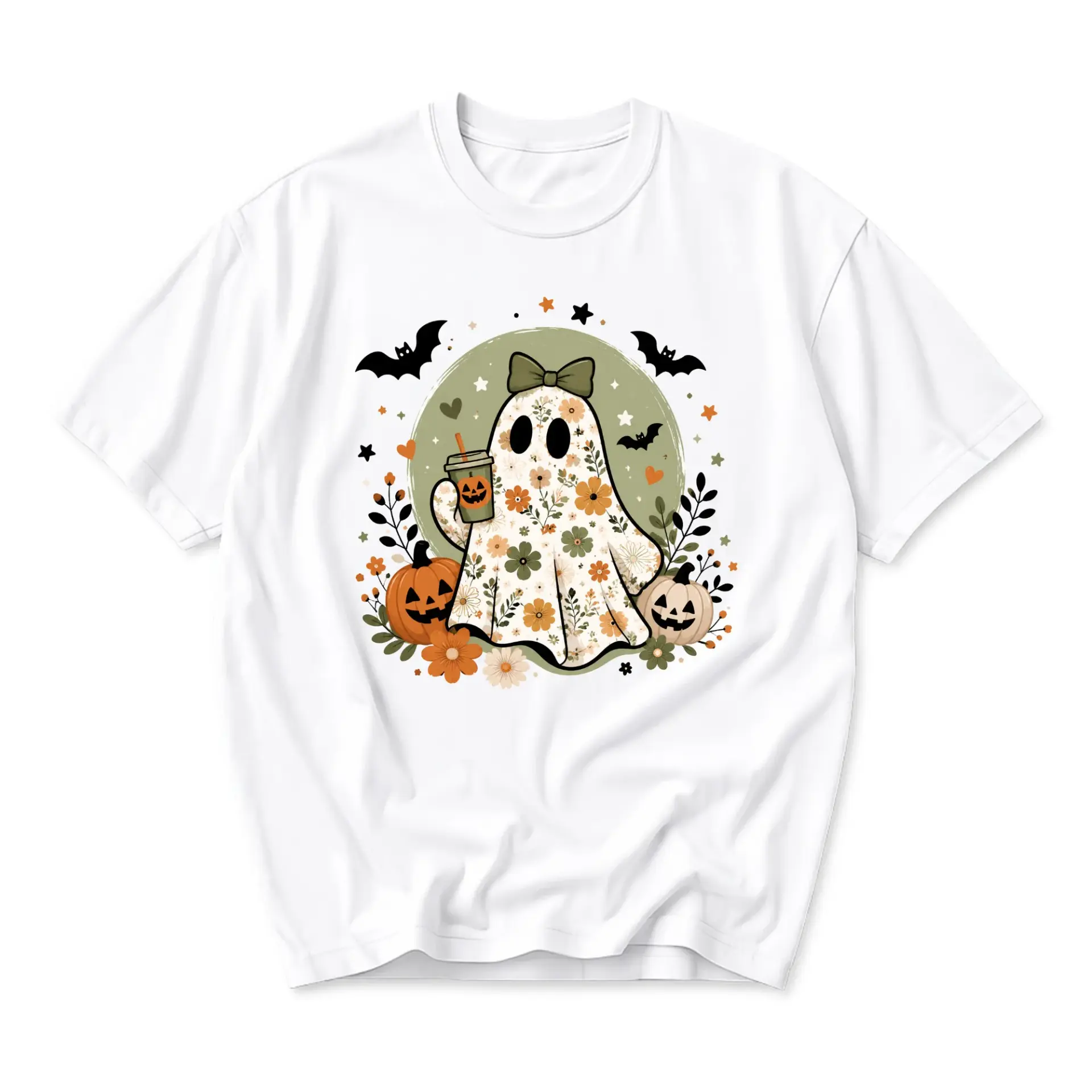 Graphic Tee Unisex Crew Neck Short Sleeve Shirt Fall Season Floral Ghost Pumpkin Aesthetic Casual Everyday Apparel