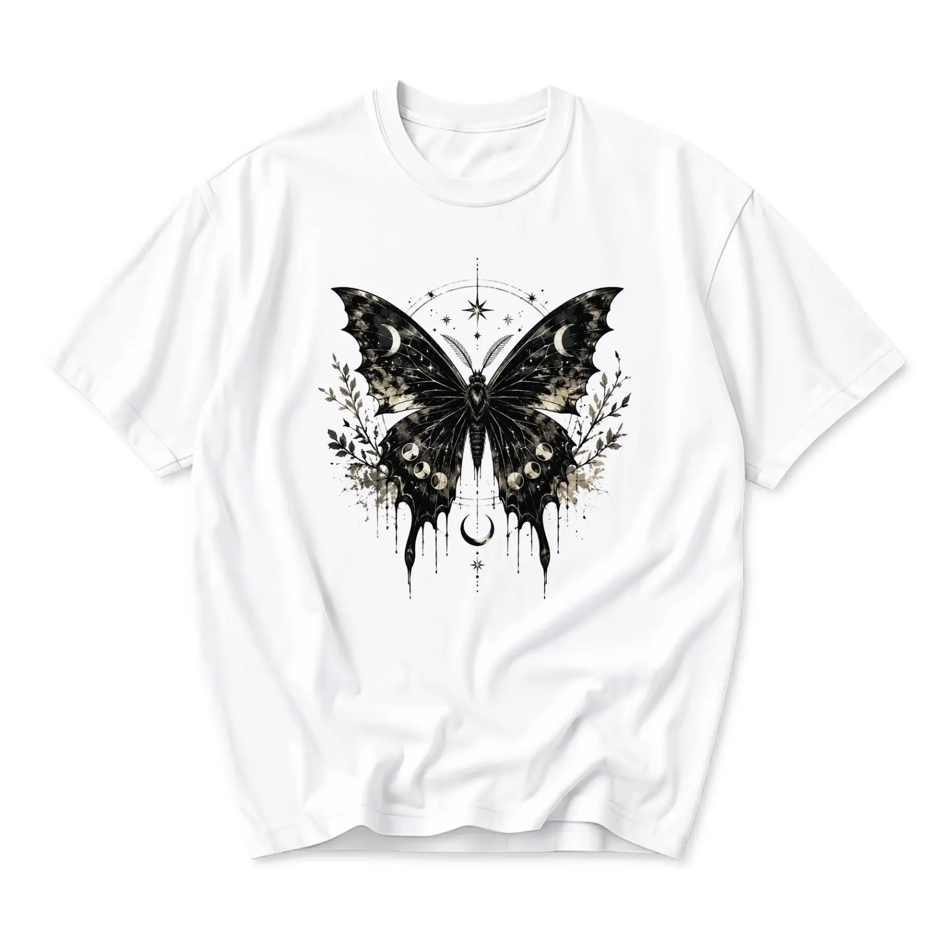Graphic Tee Celestial Butterfly Design Unisex Crew Neck Short Sleeve Shirt for Casual Everyday Fashion Wear White