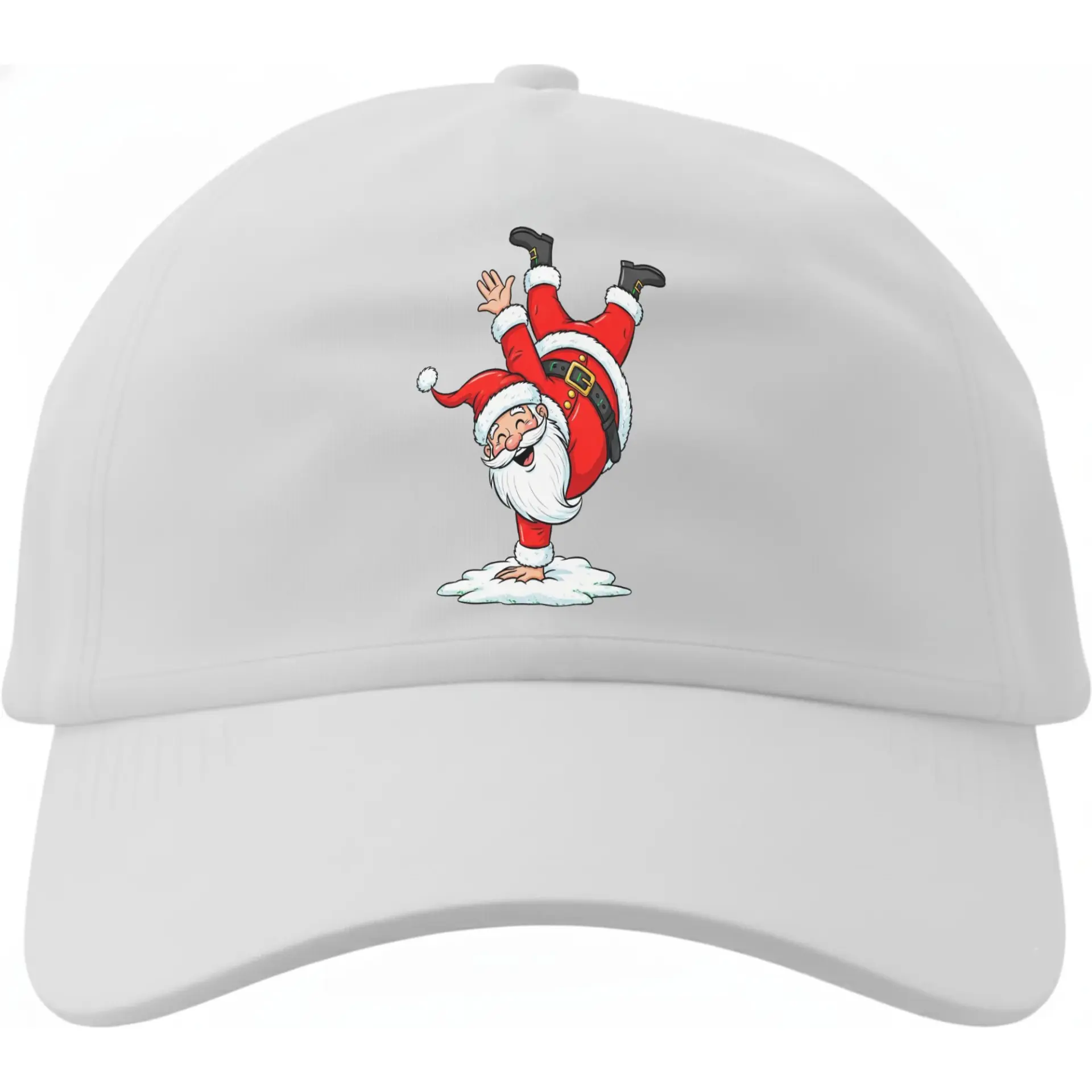 Baseball Cap Featuring a Festive Santa Claus Doing a Handstand Graphic Design for Casual Holiday Seasonal Wear