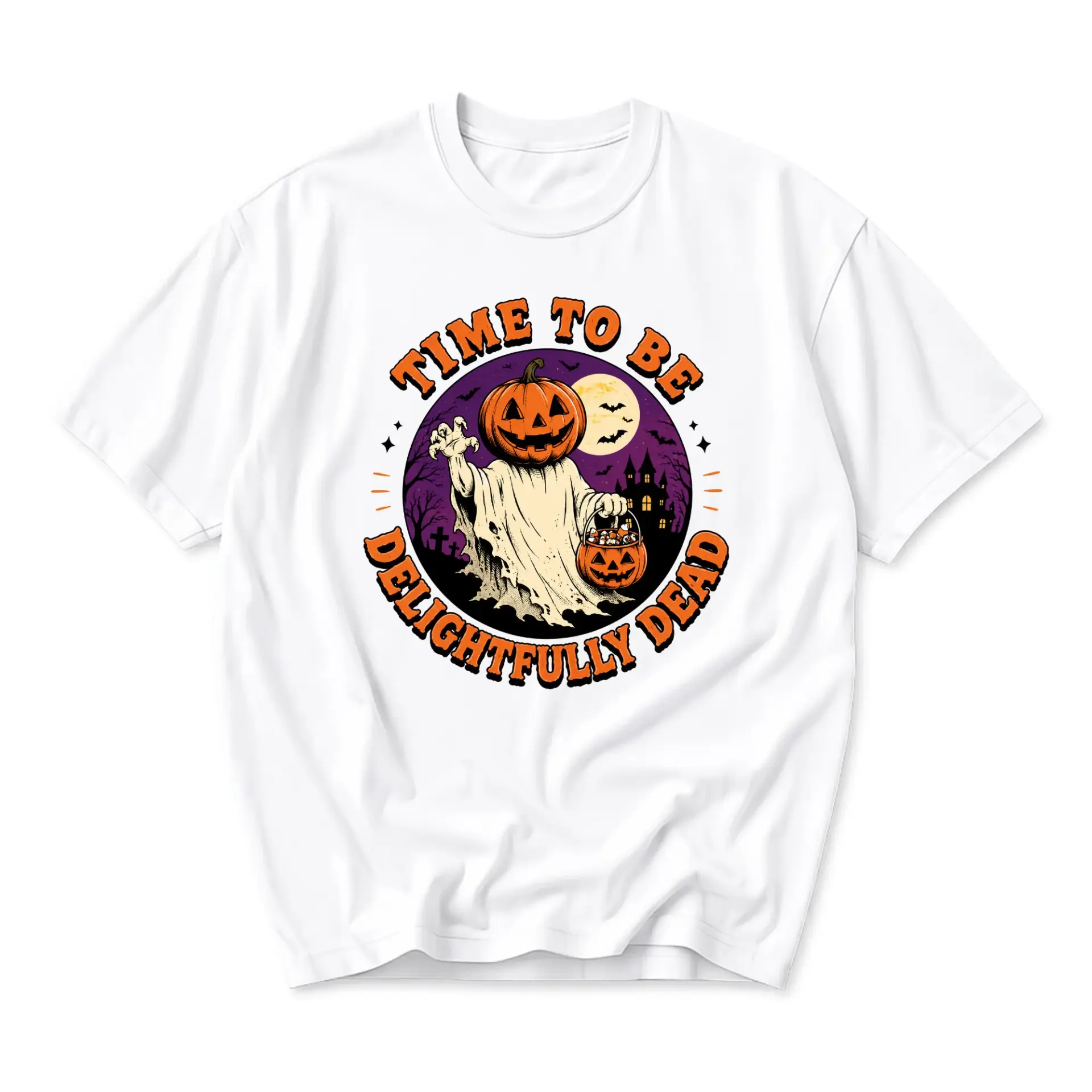 Funny Shirt Time to Be Delightfully Dead Halloween Pumpkin Ghost Graphic Print Unisex Crew Neck Casual Cotton Tee