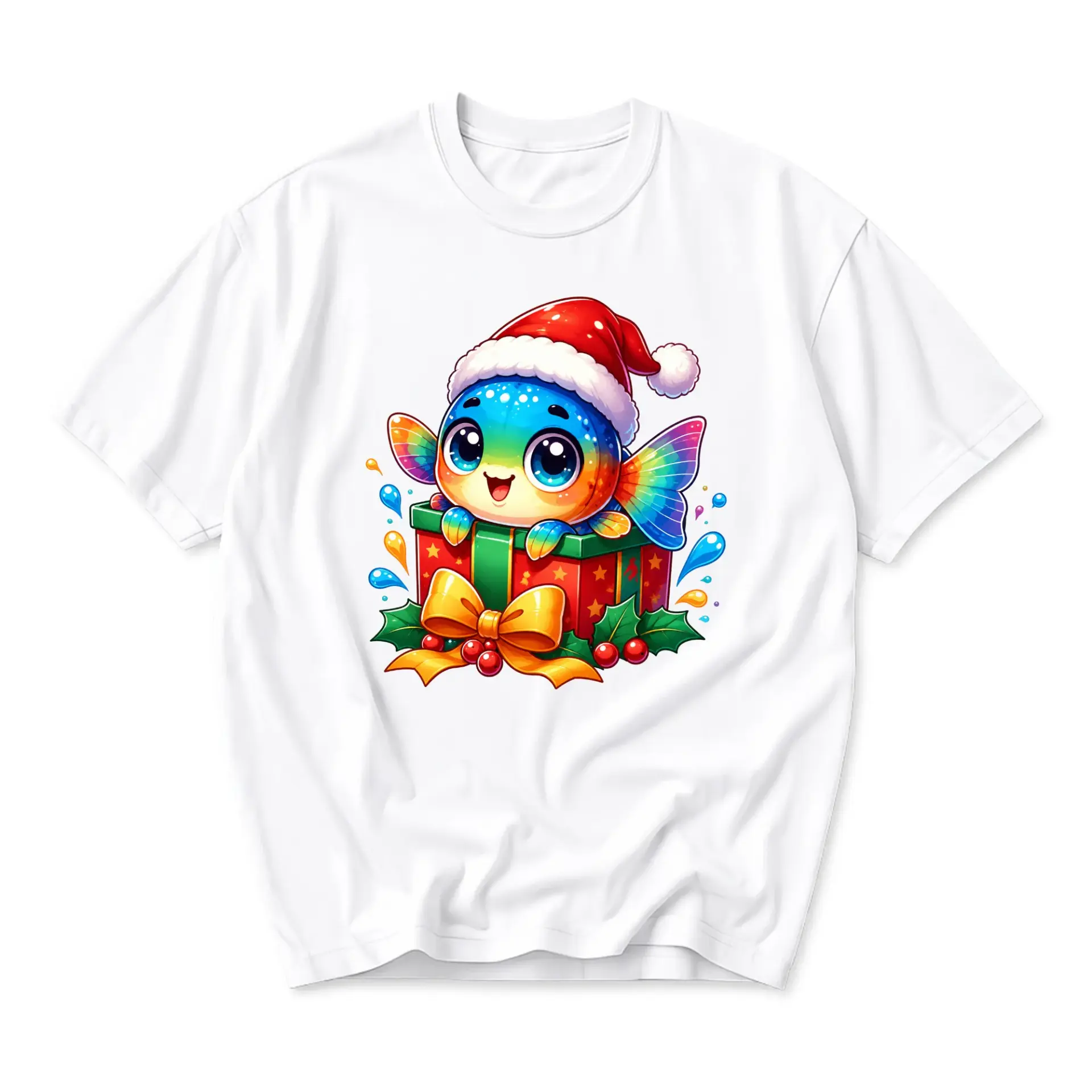 Graphic Tee Cute Rainbow Fish Wearing Santa Hat in Gift Box Unisex Holiday