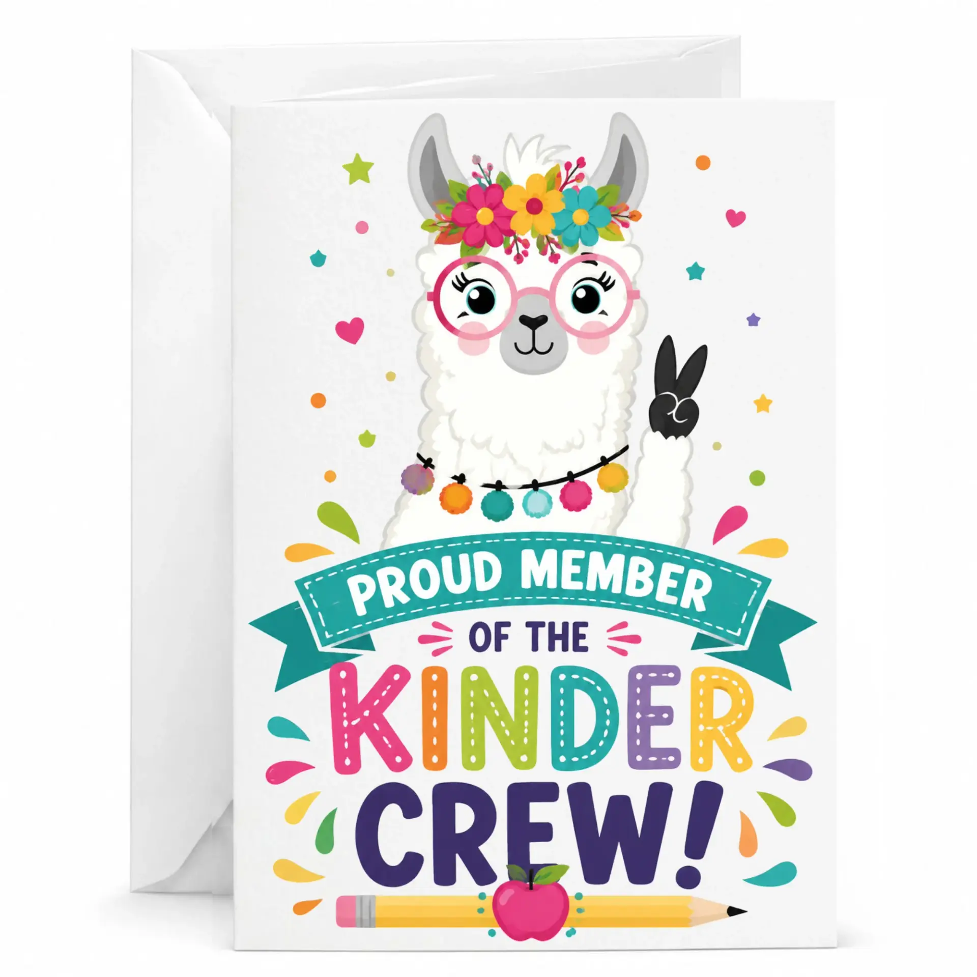 Greeting Card Proud Member of the Kinder Crew with Cute Llama Design and Floral Illustration 5x7 Folded Note