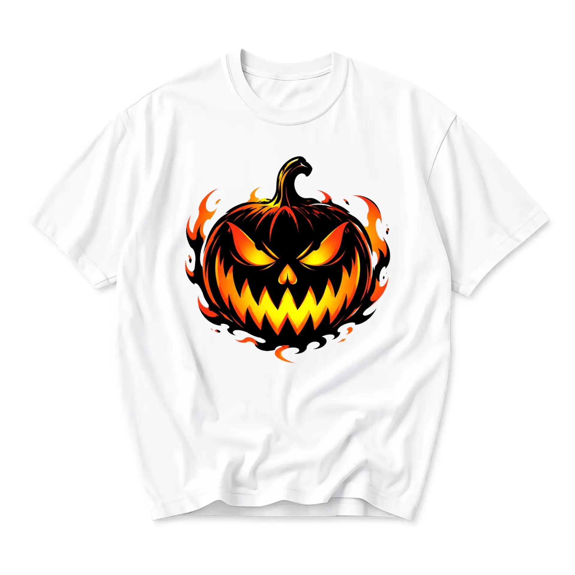 Graphic Tee Unisex Crew Neck T-Shirt Featuring a Flaming Pumpkin Jack O Lantern Illustration for Casual Everyday Wear