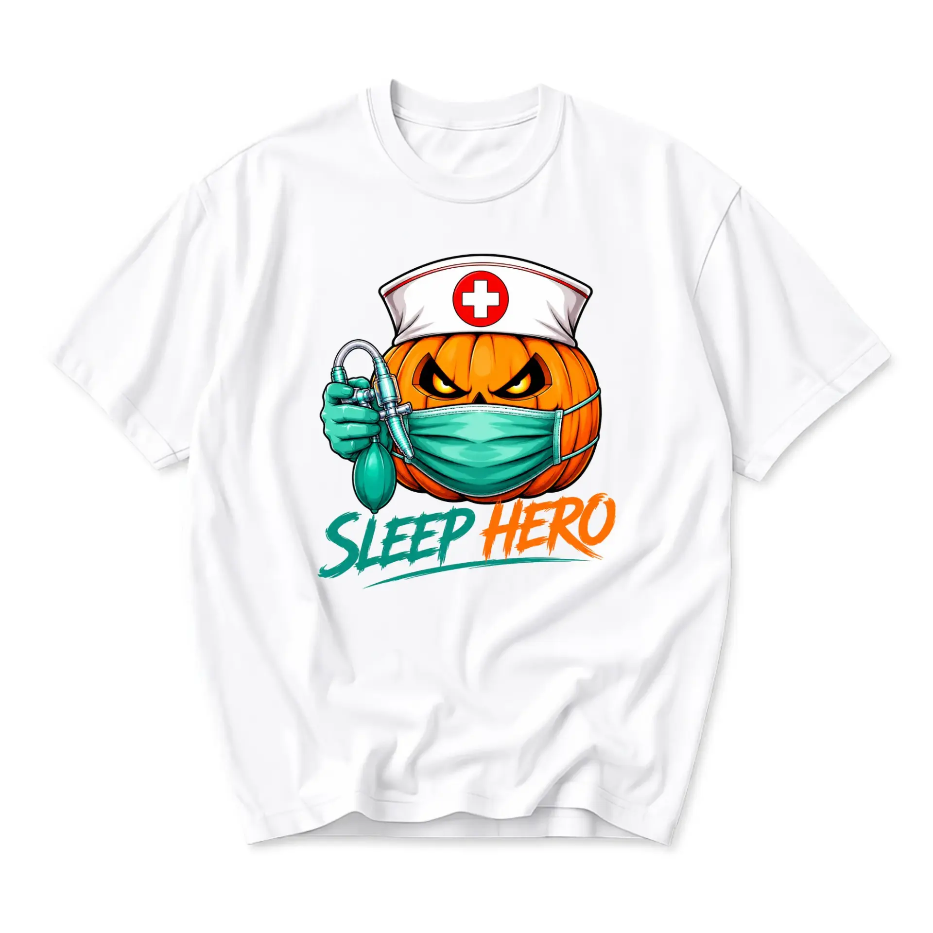 Funny Shirt Sleep Hero Nurse Pumpkin Graphic Tee Unisex Crew Neck Short Sleeve Casual Cotton Blend Apparel