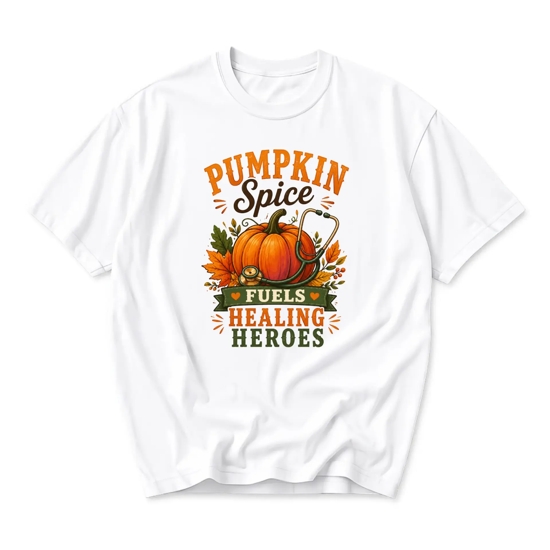 Graphic Tee Pumpkin Spice Fuels Healing Heroes Stethoscope Design Unisex Cotton Crew Neck Casual Short Sleeve Shirt