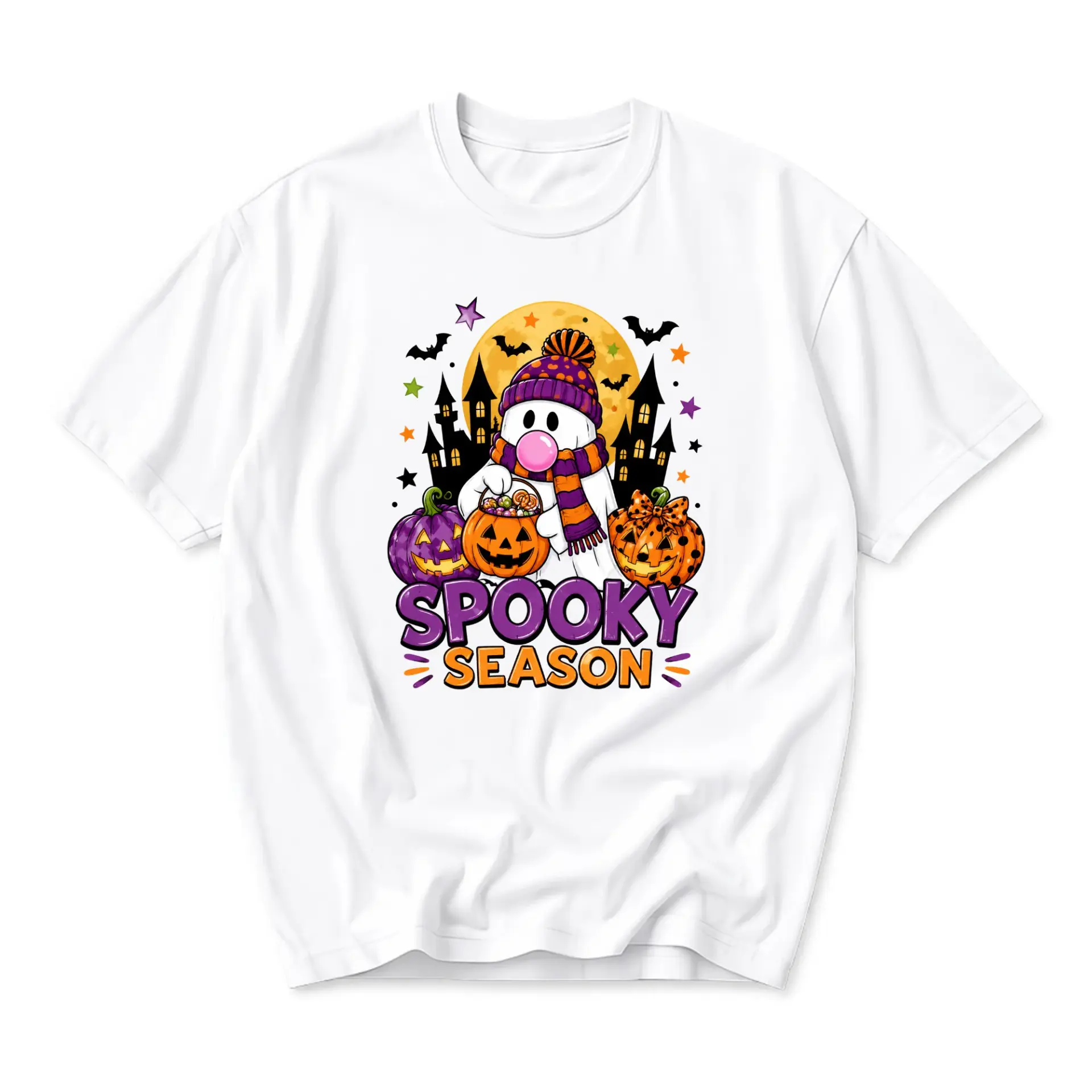 T-shirt Spooky Season Ghost Graphic Tee Casual Unisex Crew Neck Holiday Outfit for Fall and Halloween Celebrations