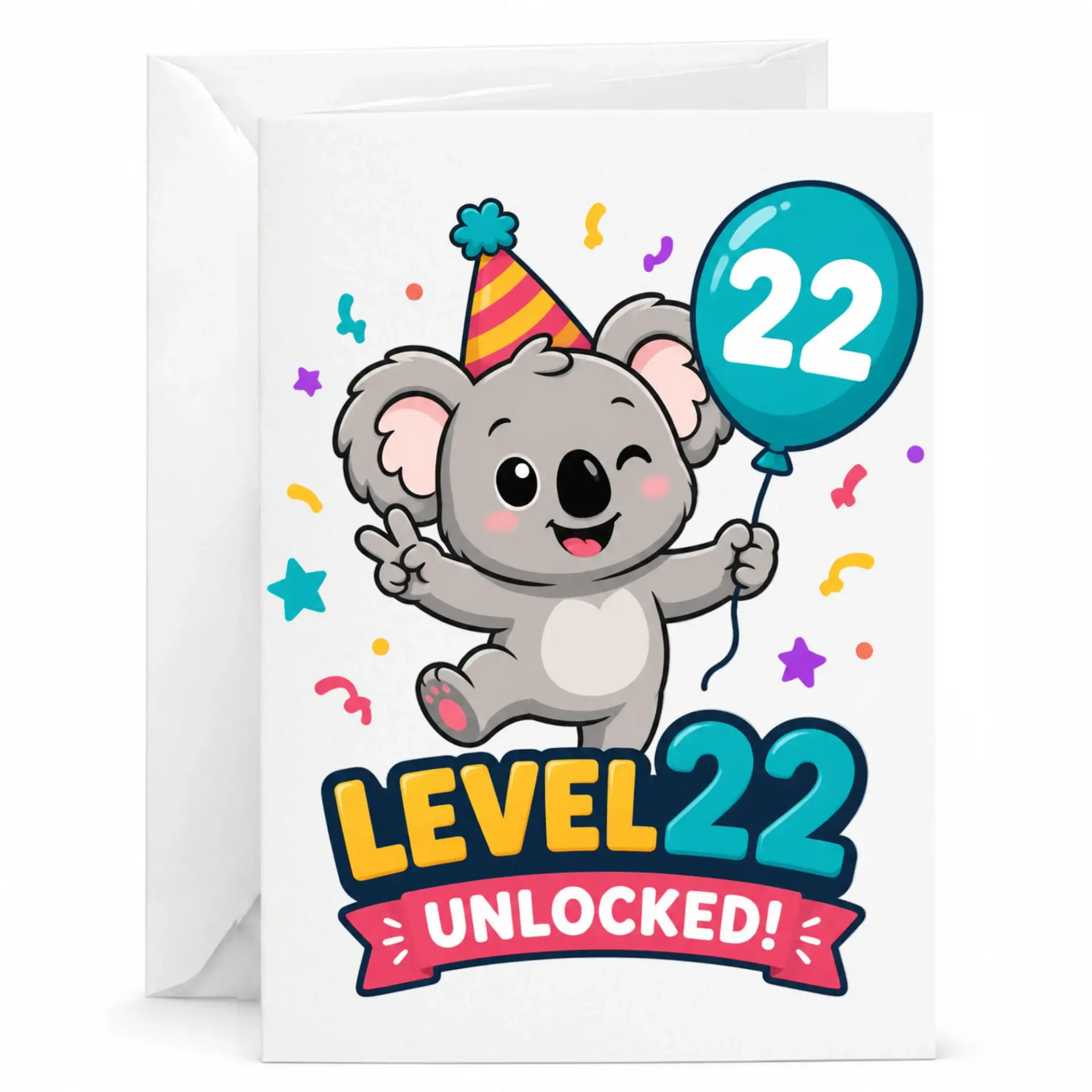 Birthday Card Level 22 Unlocked Cute Koala Design Funny Milestone Greeting Card with Matching White Envelope 5x7 Inches
