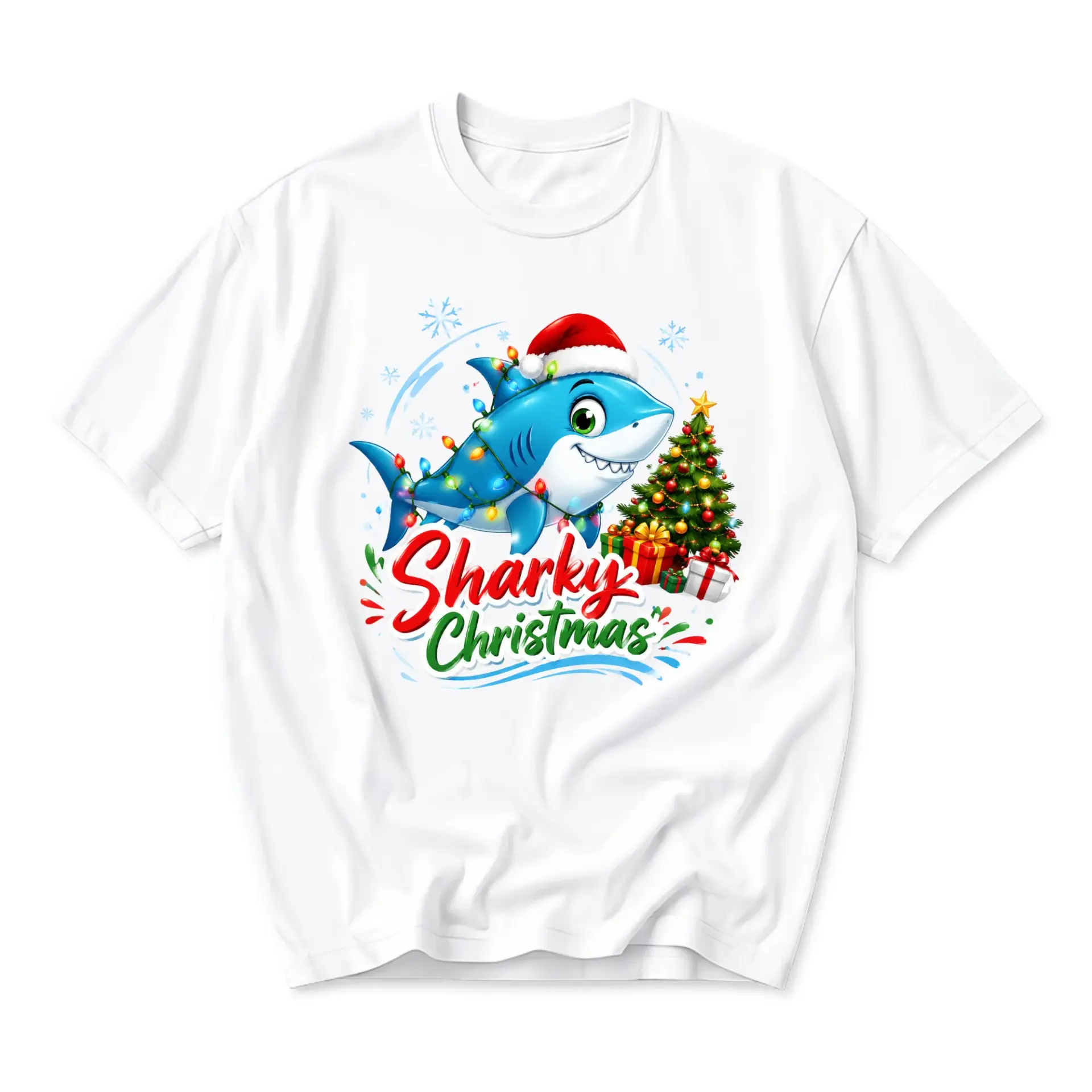 Graphic Tee Sharky Christmas Unisex Crew Neck Short Sleeve Shirt Holiday Seasonal Apparel for Casual Everyday Wear