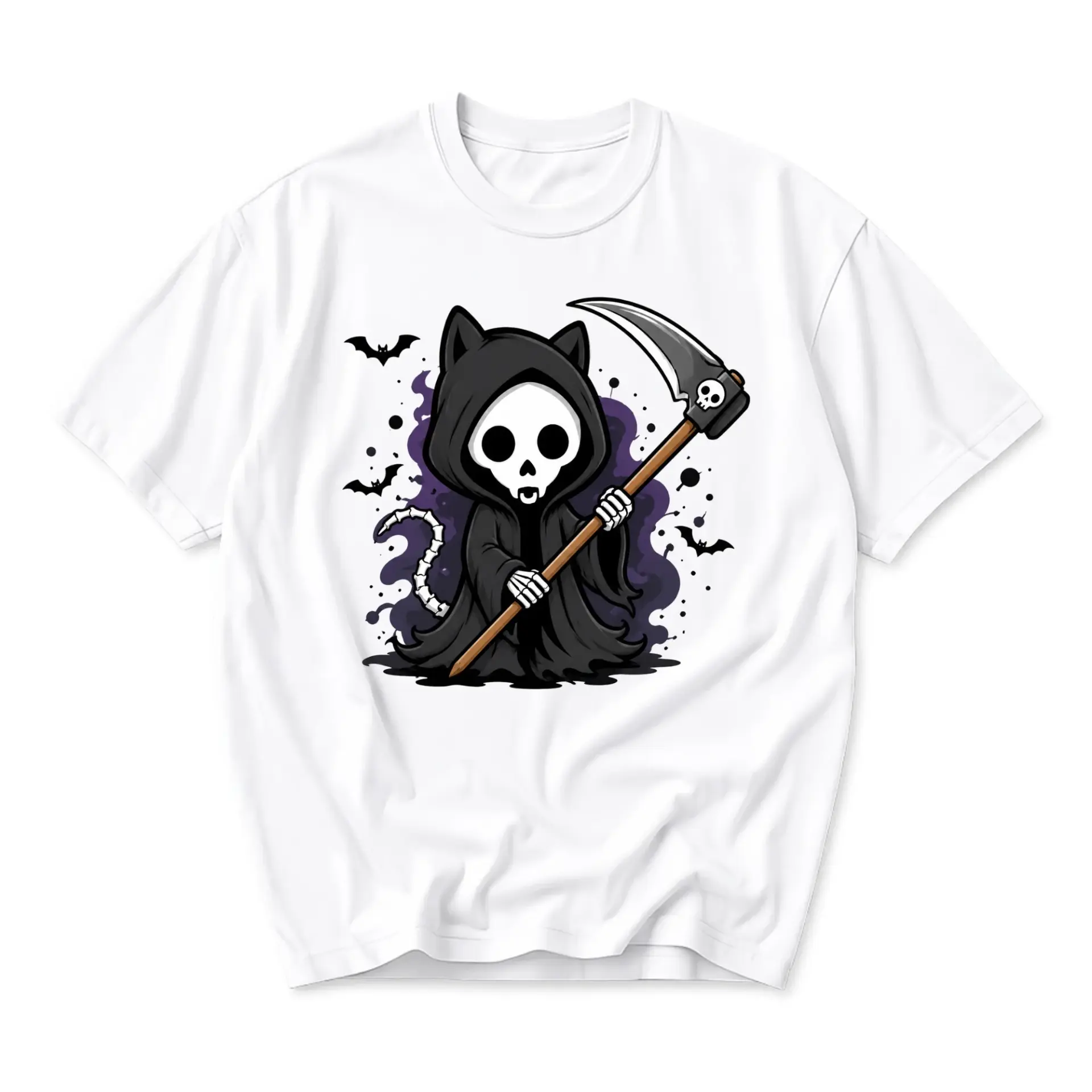 Graphic Tee Unisex Grim Reaper Cat Cartoon Art Print Short Sleeve Casual Comfortable Cotton Blend Crew Neck Shirt