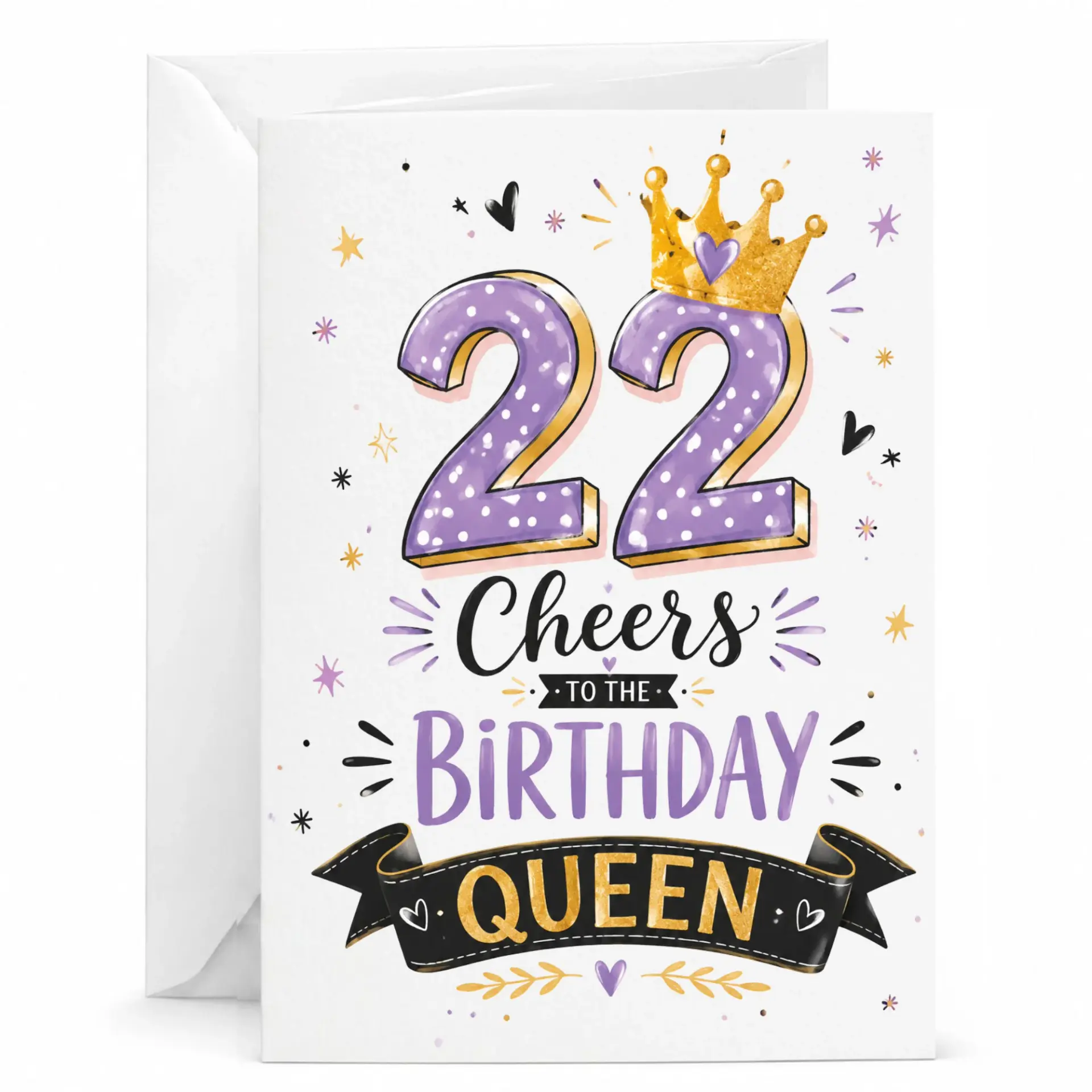 Birthday Card for 22nd Birthday, Cheers to the Birthday Queen Greeting Card with Matching White Envelope