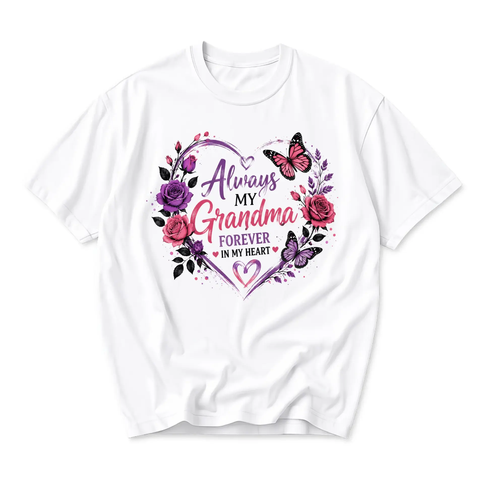 T-shirt Always My Grandma Forever in My Heart Graphic Tee Floral Butterfly Print Unisex Casual Everyday Crew Neck