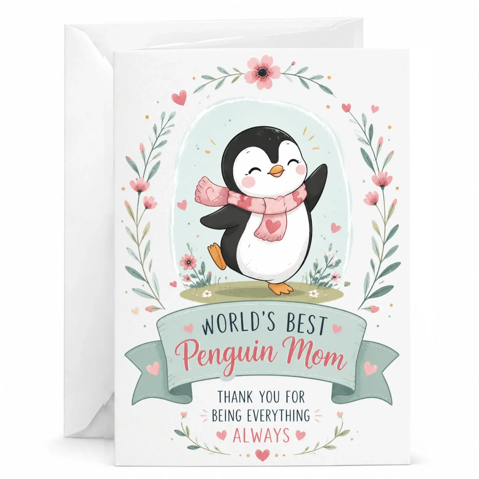 Greeting Card World's Best Penguin Mom Cute Animal Illustration with Floral Wreath Design for Special Occasions
