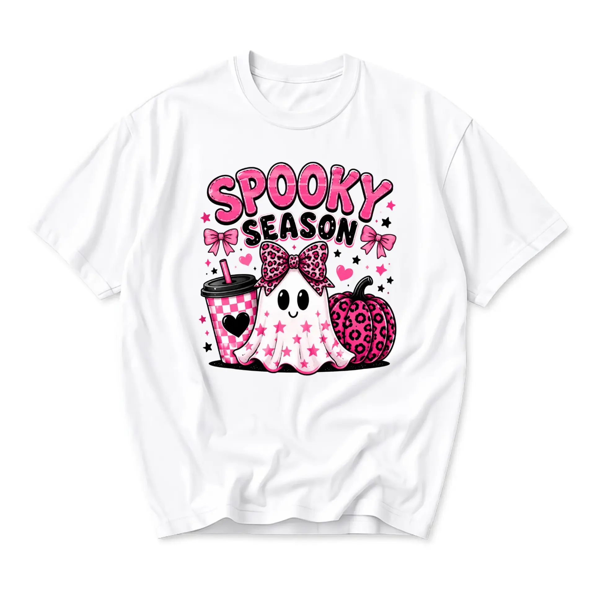 Graphic Tee Spooky Season Pink Ghost Pumpkin Print Unisex Casual Crew Neck T-Shirt Soft Cotton Blend Summer Apparel