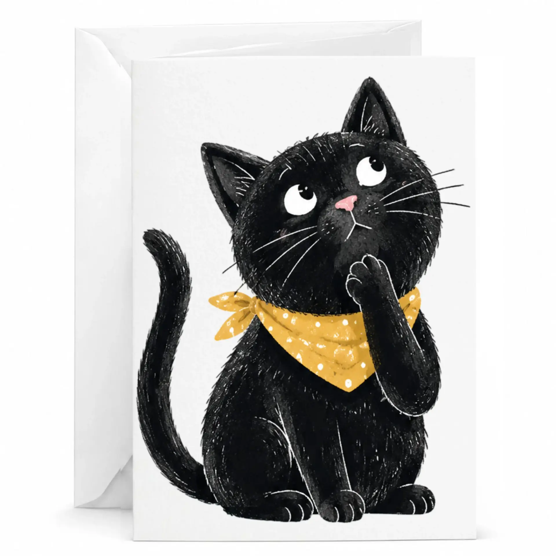 Greeting Card with Black Cat Illustration Wearing a Dotted Yellow for Any