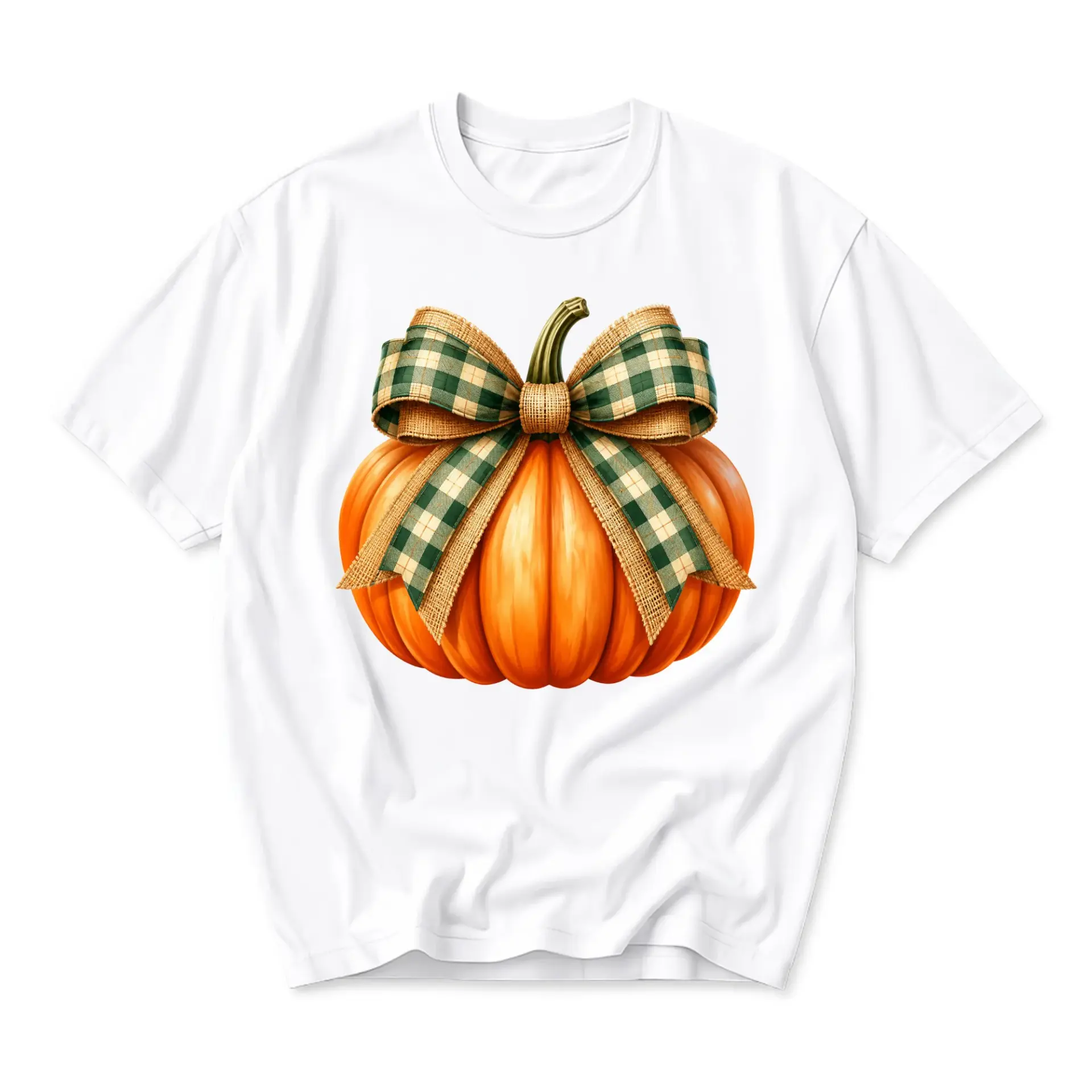 Graphic Tee Unisex Pumpkin with Plaid Bow Print T-Shirt for Seasonal Autumn Harvest Casual Everyday Wear Apparel
