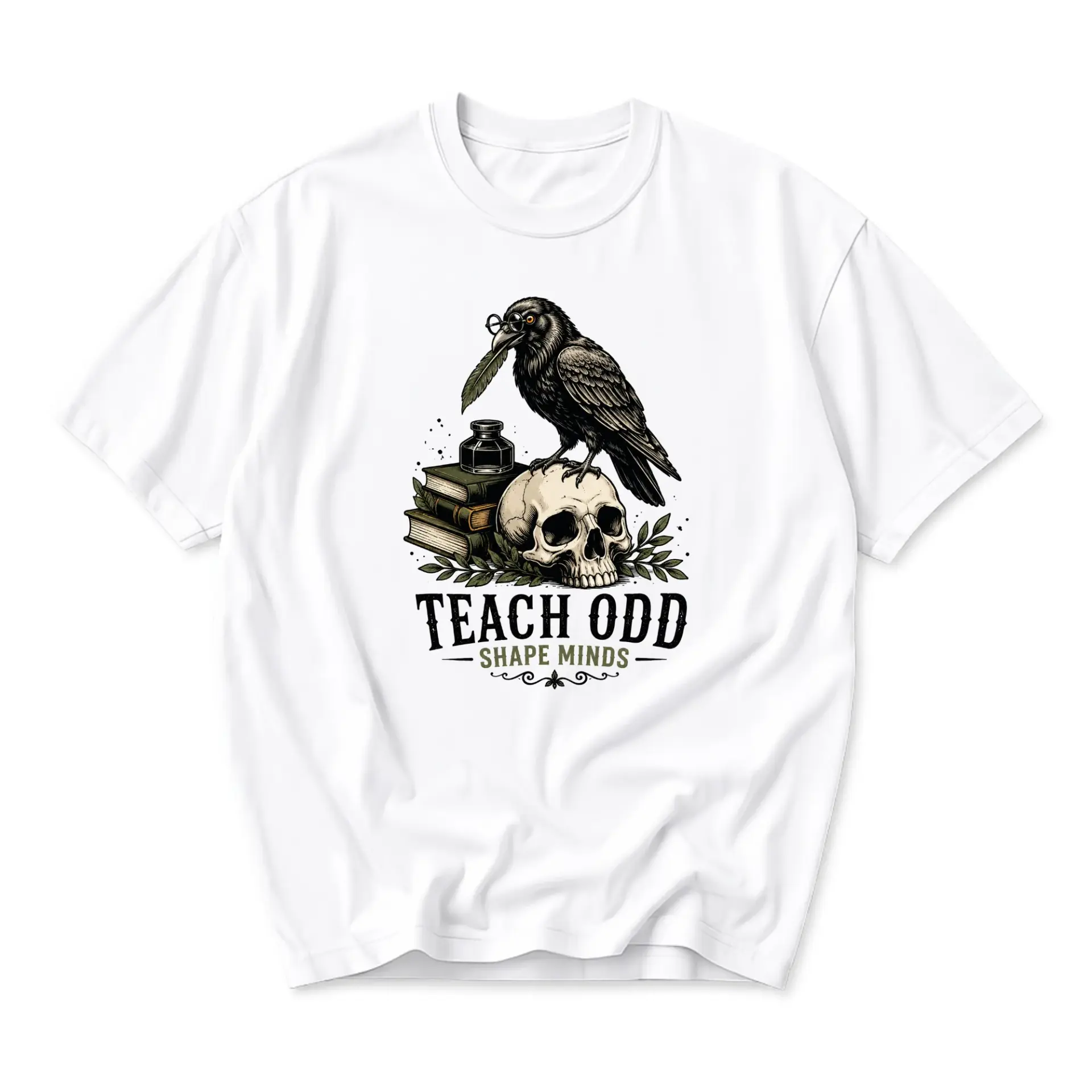 Graphic Tee Unisex Crew Neck T-Shirt Featuring Raven Skull and Books Design for Casual Everyday Comfort and Style
