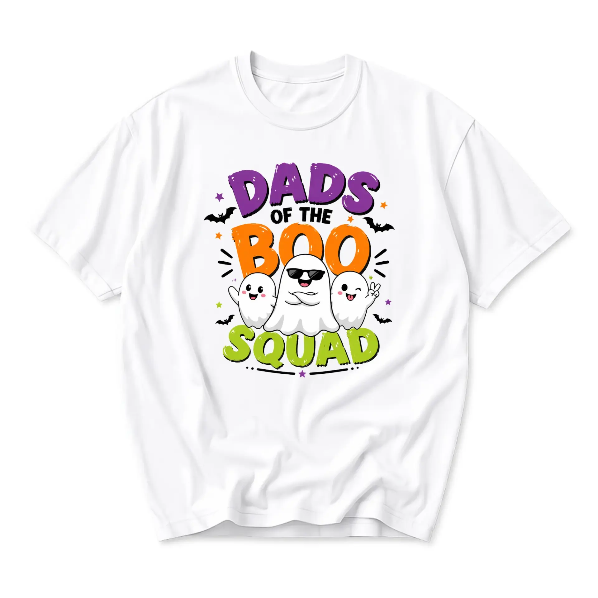 Funny Shirt Dads of the Boo Squad Graphic Tee Halloween Ghost Print Unisex Crew Neck Casual Short Sleeve Top White