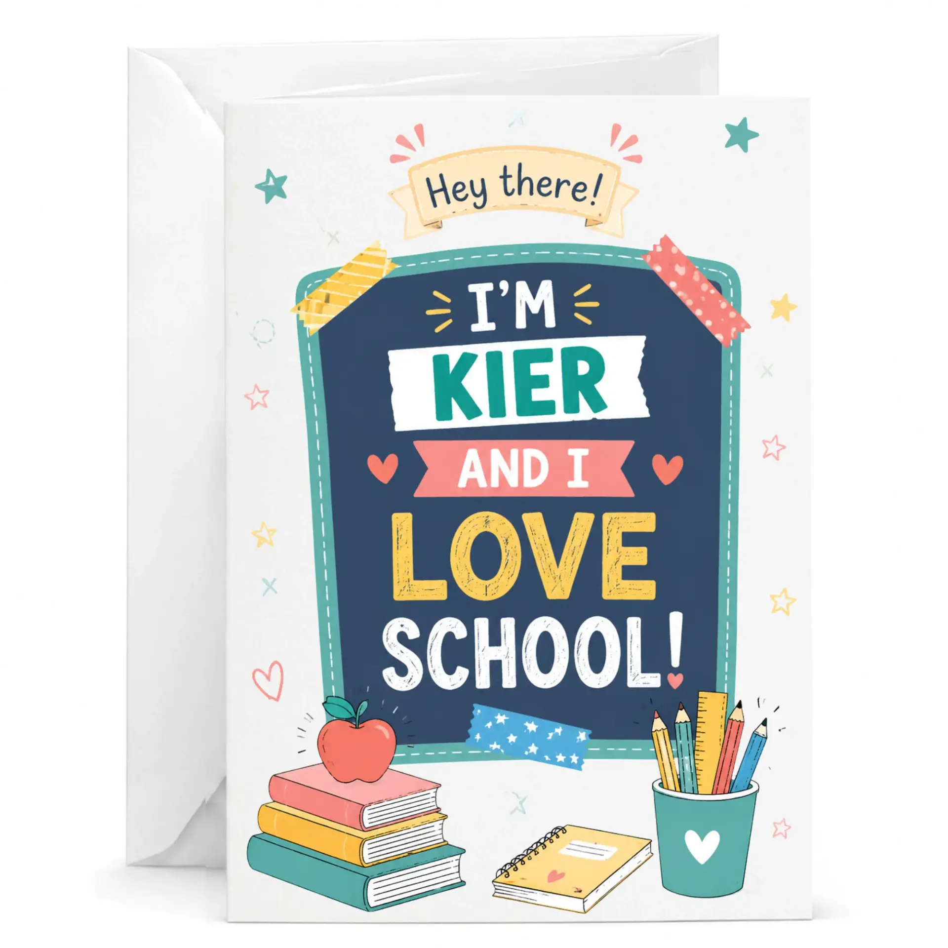 Greeting Card Featuring Personalized Name Design and School Supplies Theme for Various Occasions Celebrations