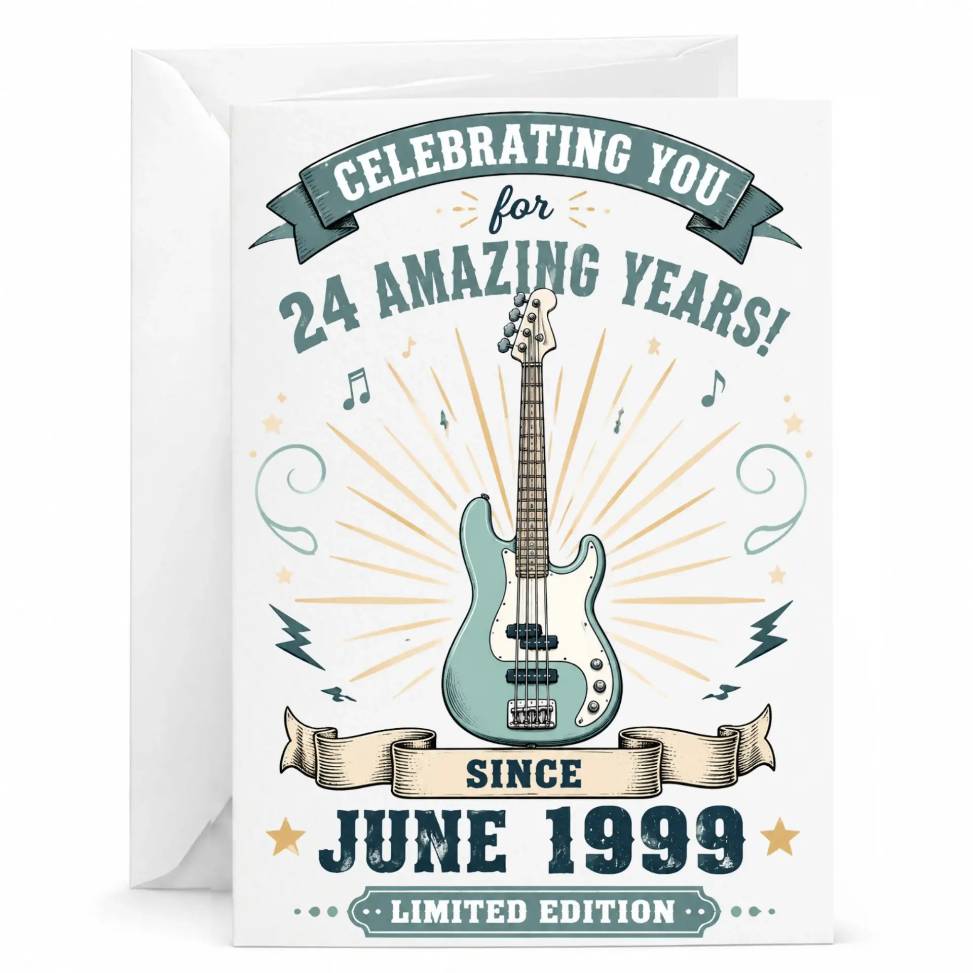 Greeting Card for 24th Anniversary or Birthday with Bass Guitar Design and Retro Limited Edition Graphic Theme