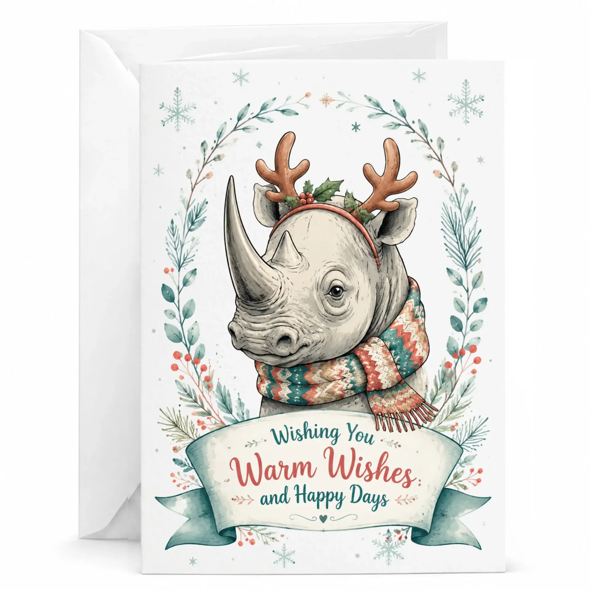 Greeting Card Wishing You Warm Wishes and Happy Days Featuring Cute Rhino with Reindeer Antlers and Winter Scarf Design