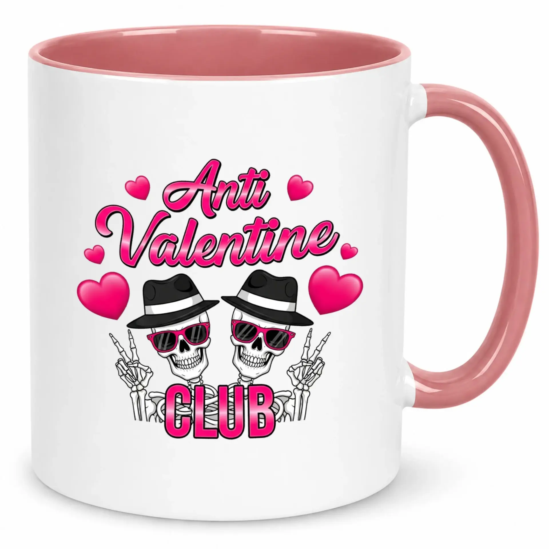 Funny Anti Valentine Club Ceramic Coffee Mug with Skeletons in Hats and Sunglasses, Unique Holiday Beverage Cup Gift Idea