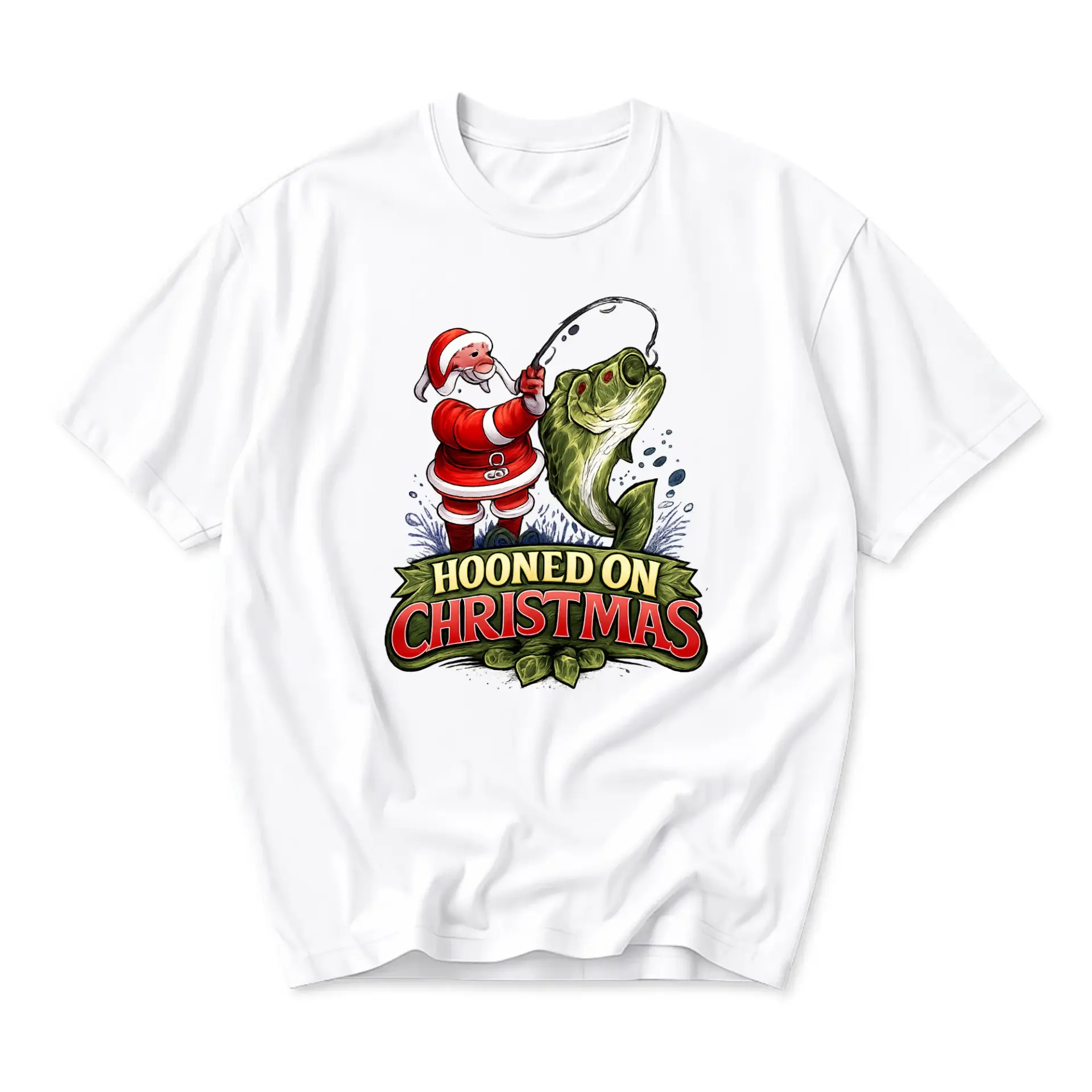 Funny Shirt Unisex Graphic Printed T-Shirt on Christmas Santa Claus Fishing Design Casual Crew Neck Apparel