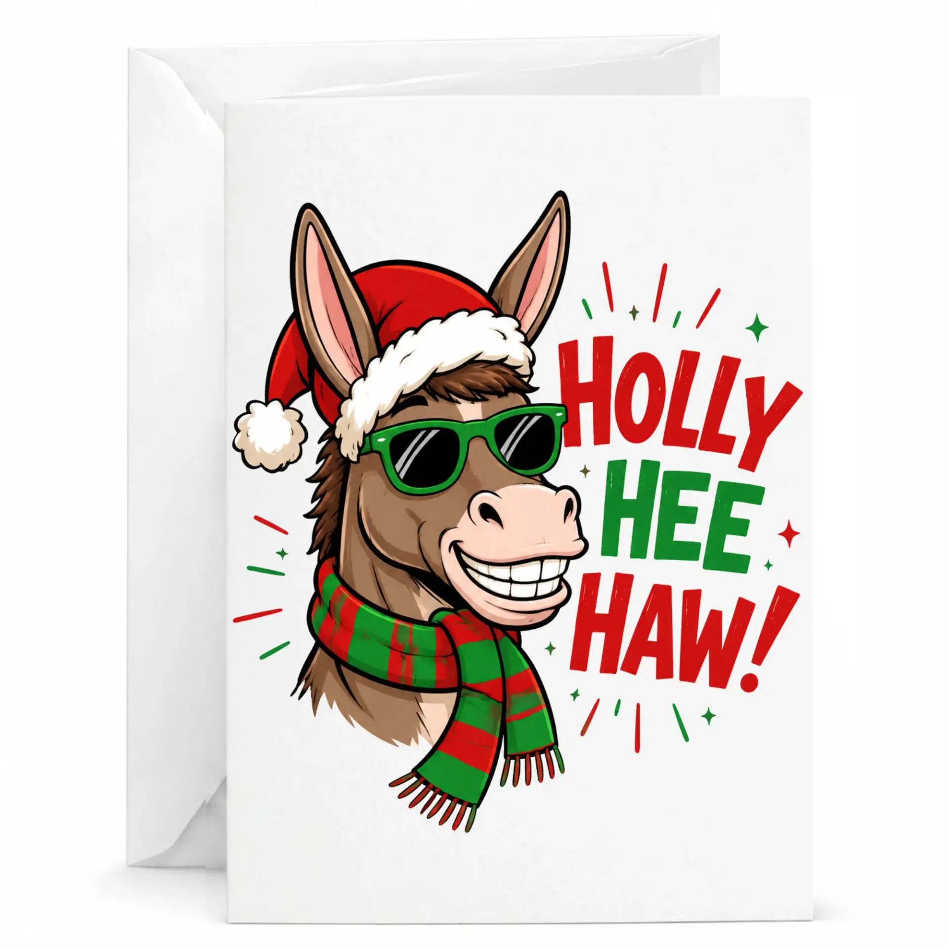 Funny Christmas Donkey Greeting Card with Envelope, Cute Holiday Animal Pun Card for Seasonal Greetings and Messages