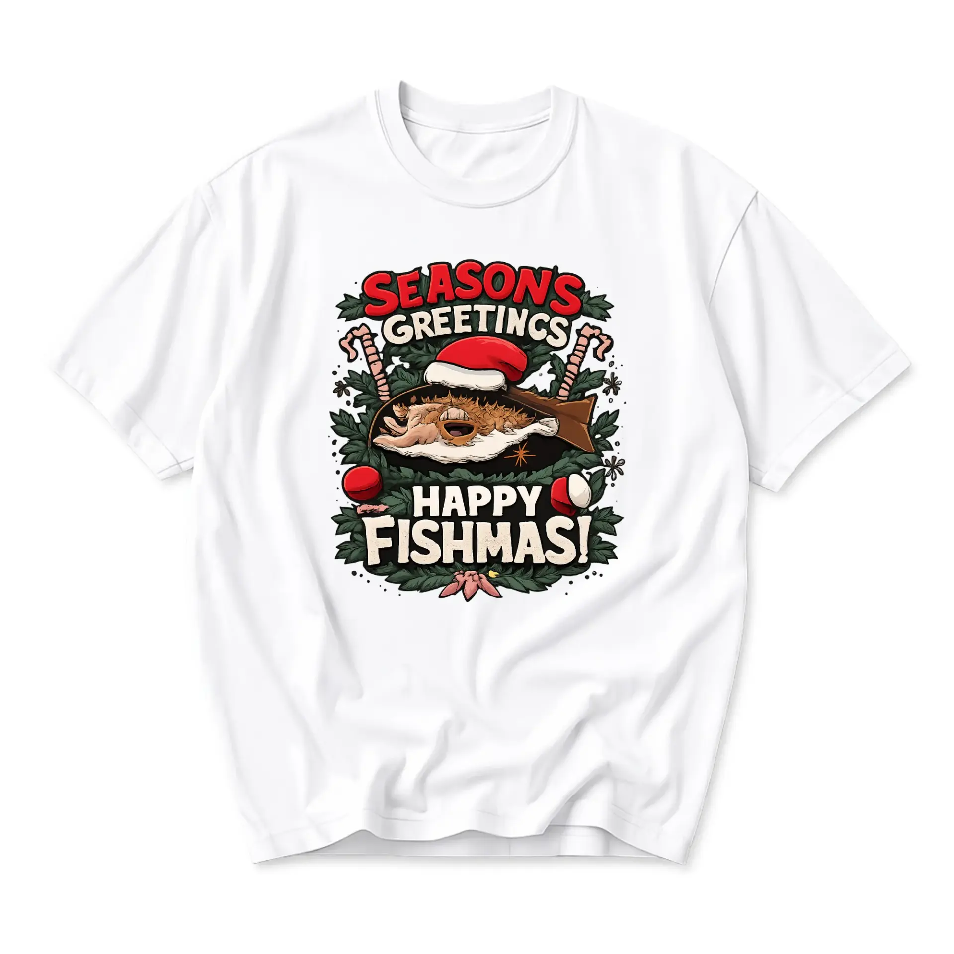 Funny Shirt Seasons Greetings Happy Fishmas Graphic Tee Holiday