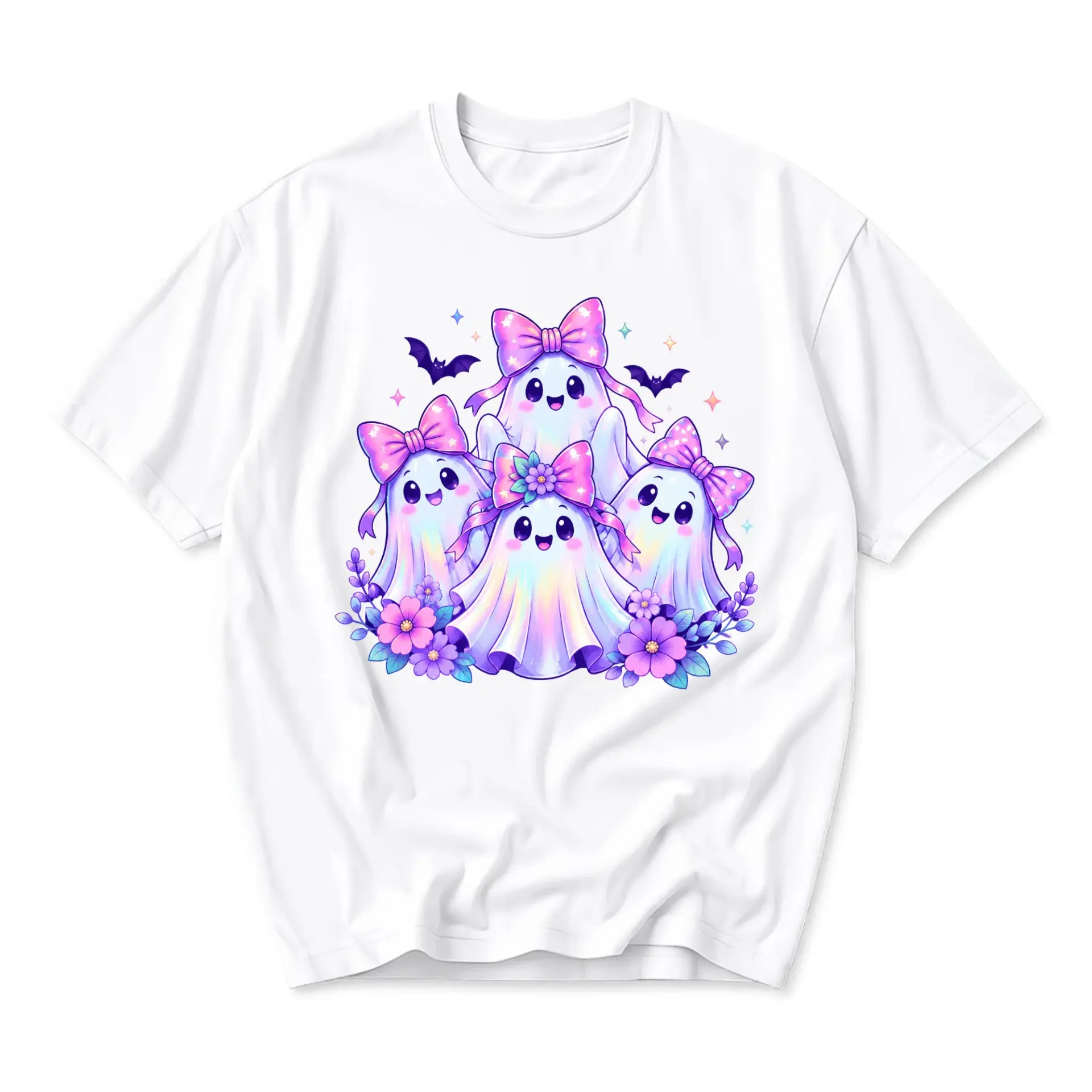 Graphic Tee Cute Spooky Ghost Squad with Pink Bows and Floral Accents Unisex Cotton Short Sleeve Crew Neck Shirt
