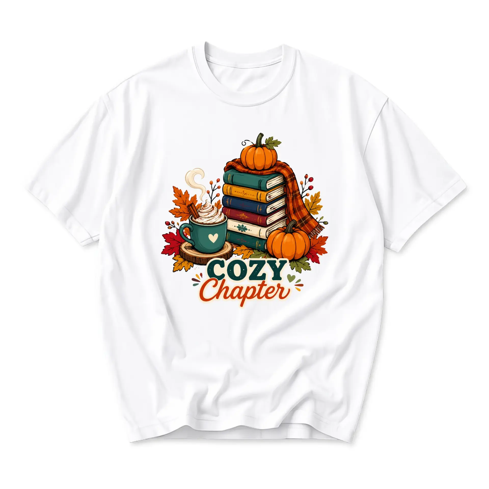 T-shirt Cozy Chapter Autumn Fall Leaves Book Lover Gift Unisex Graphic Tee Comfortable Casual Crew Neck Apparel White