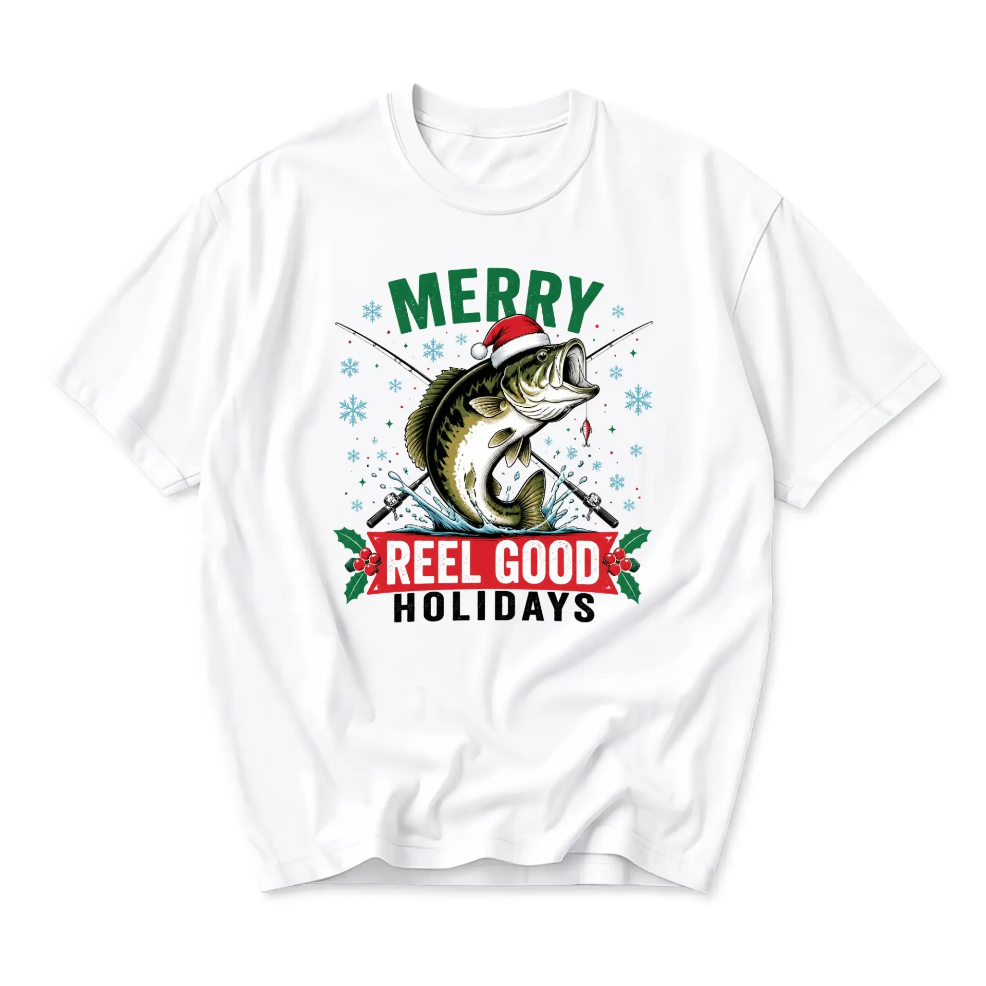 Funny Shirt Merry Reel Good Holidays Graphic Tee Seasonal Fishing Enthusiast Unisex Crew Neck Casual Cotton Top