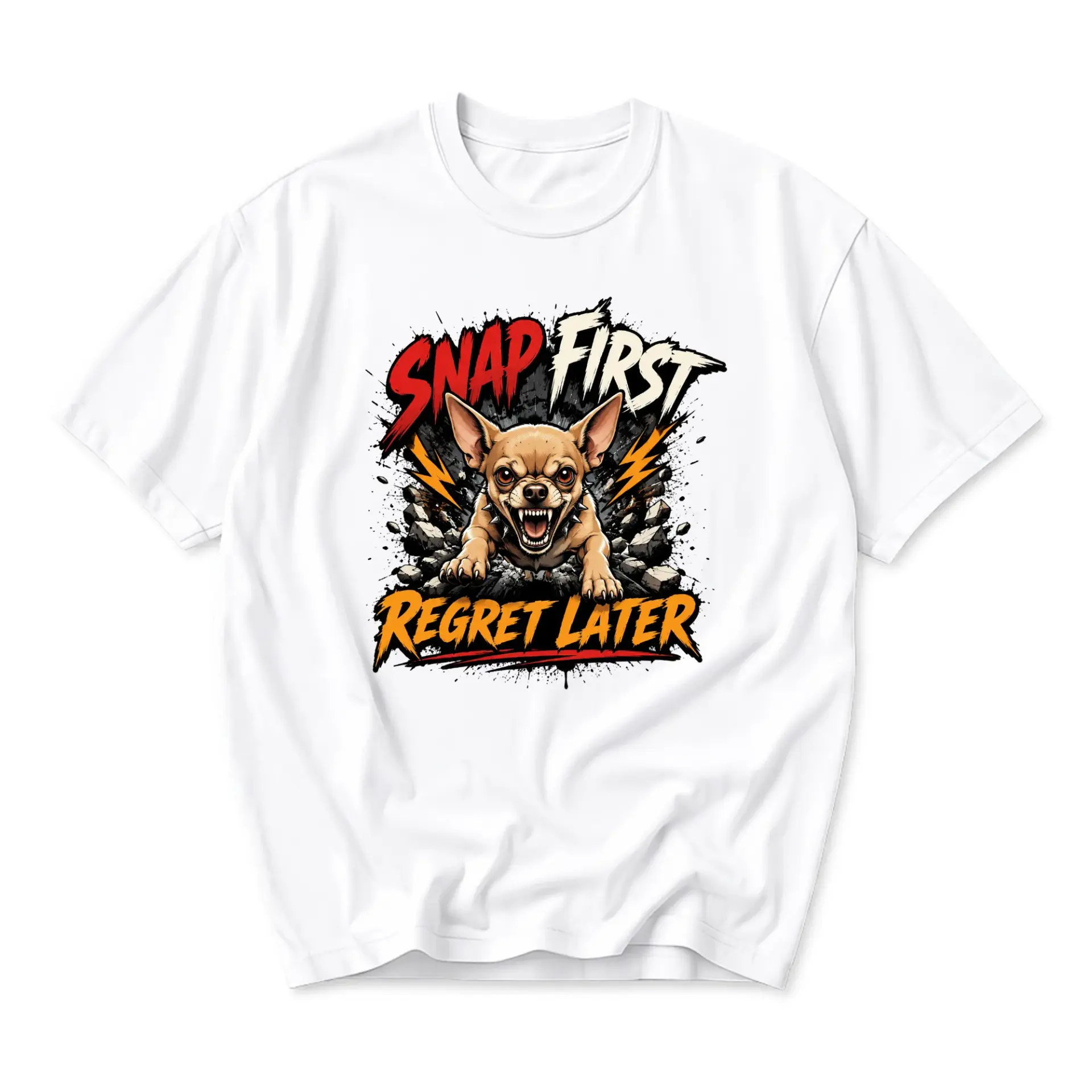 Funny Shirt Snap First Regret Later Chihuahua Graphic Tee Unisex Crew Neck Casual Cotton Blend Short Sleeve Apparel