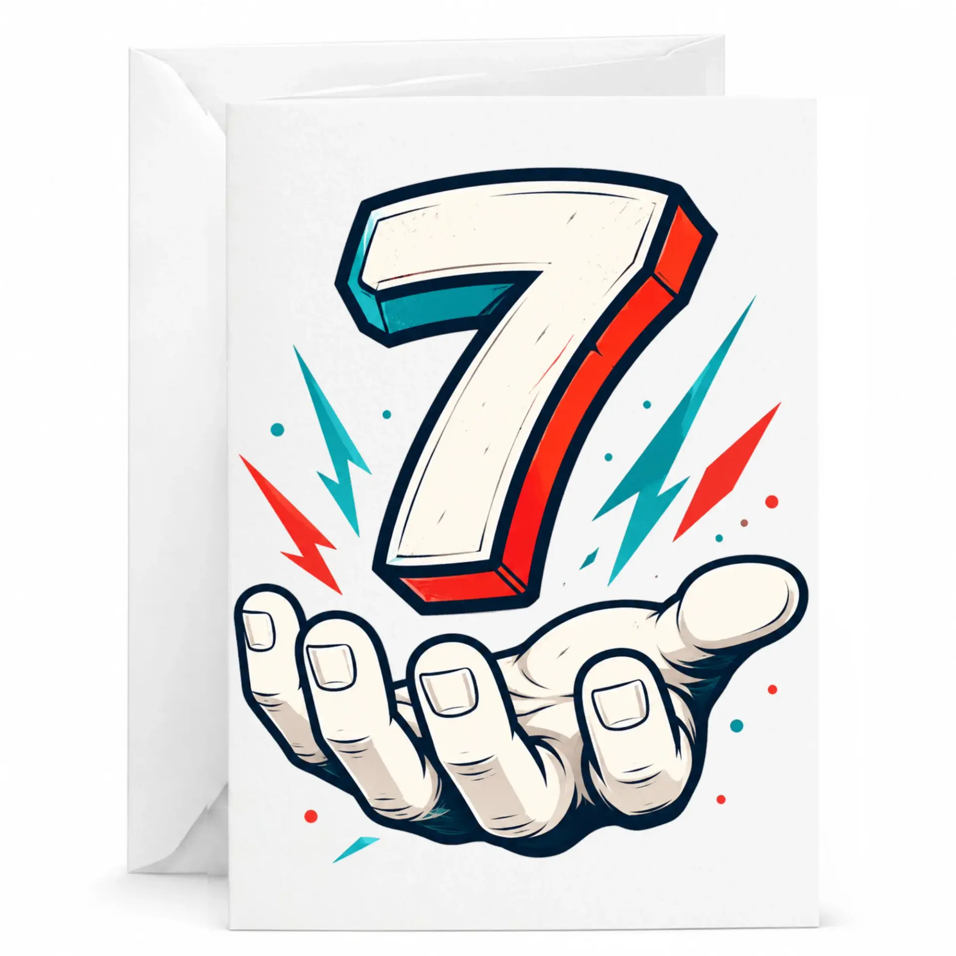 Number Seven Greeting Card Featuring Comic Style Floating Digit Illustration for Birthdays and Anniversaries