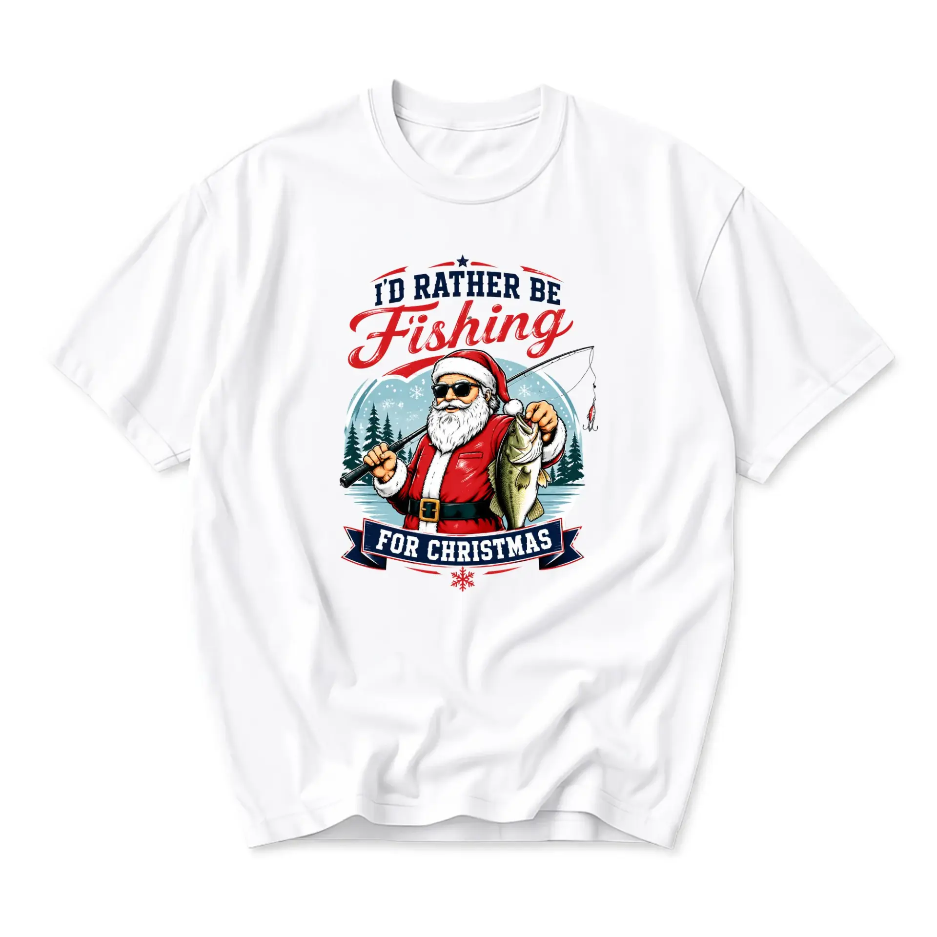 Funny Shirt Christmas Fishing Graphic Tee Seasonal Humor Unisex Crew Neck