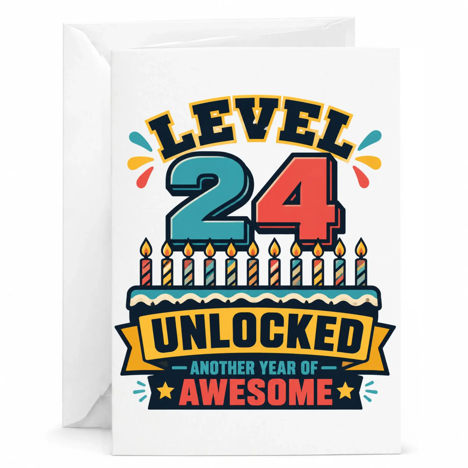 Birthday Card Level 24 Unlocked Funny Gaming Style Greeting Card with Envelope for Milestone Birthday Celebration