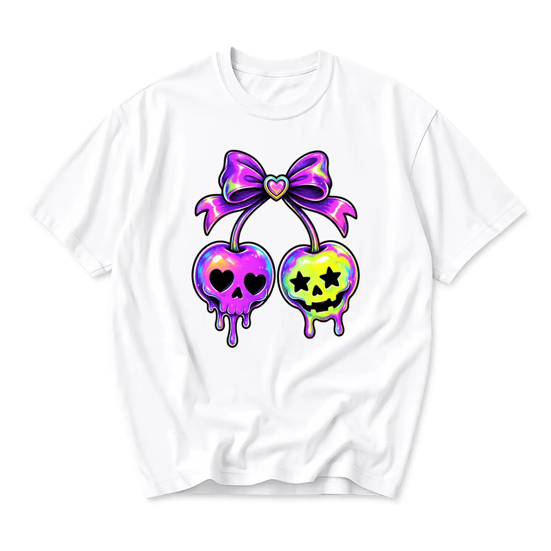 T-shirt Graphic Tee Featuring Artistic Melting Skull Cherry Design with Vibrant Iridescent Bow for Casual Everyday Wear
