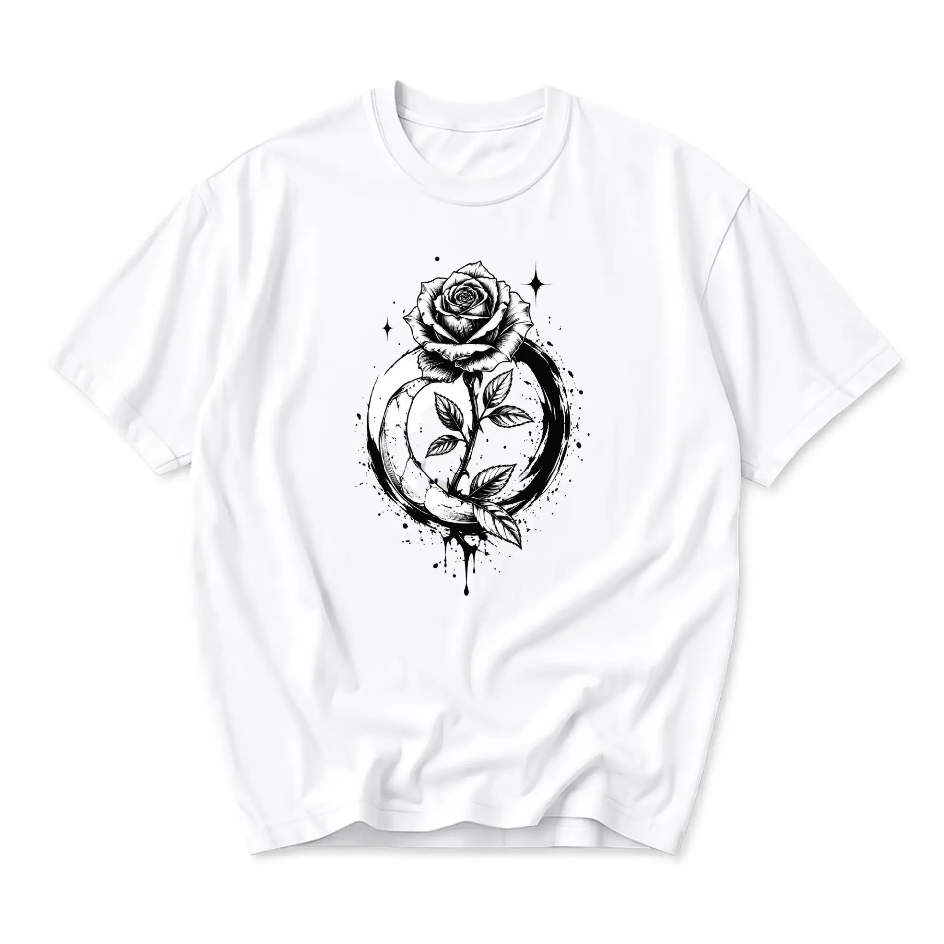 Graphic Tee Unisex Black and White Rose Moon Art Print Casual Cotton Blend Crew Neck Short Sleeve Shirt for Adults