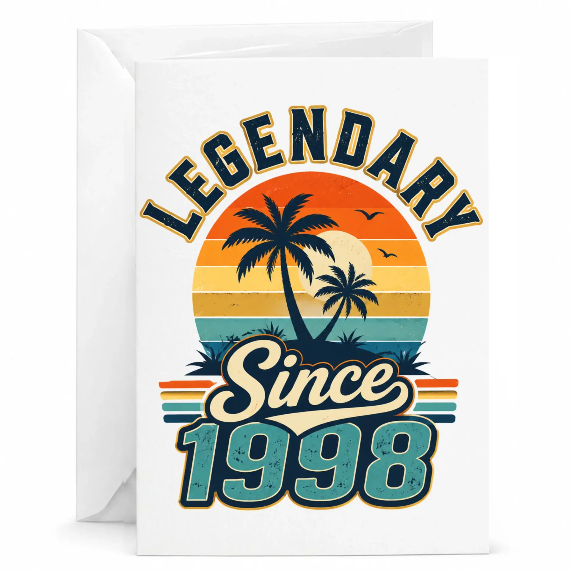 Greeting Card Legendary Since 1998 Vintage Tropical Sunset Theme Birthday Celebration Keepsake Stationery for Adults